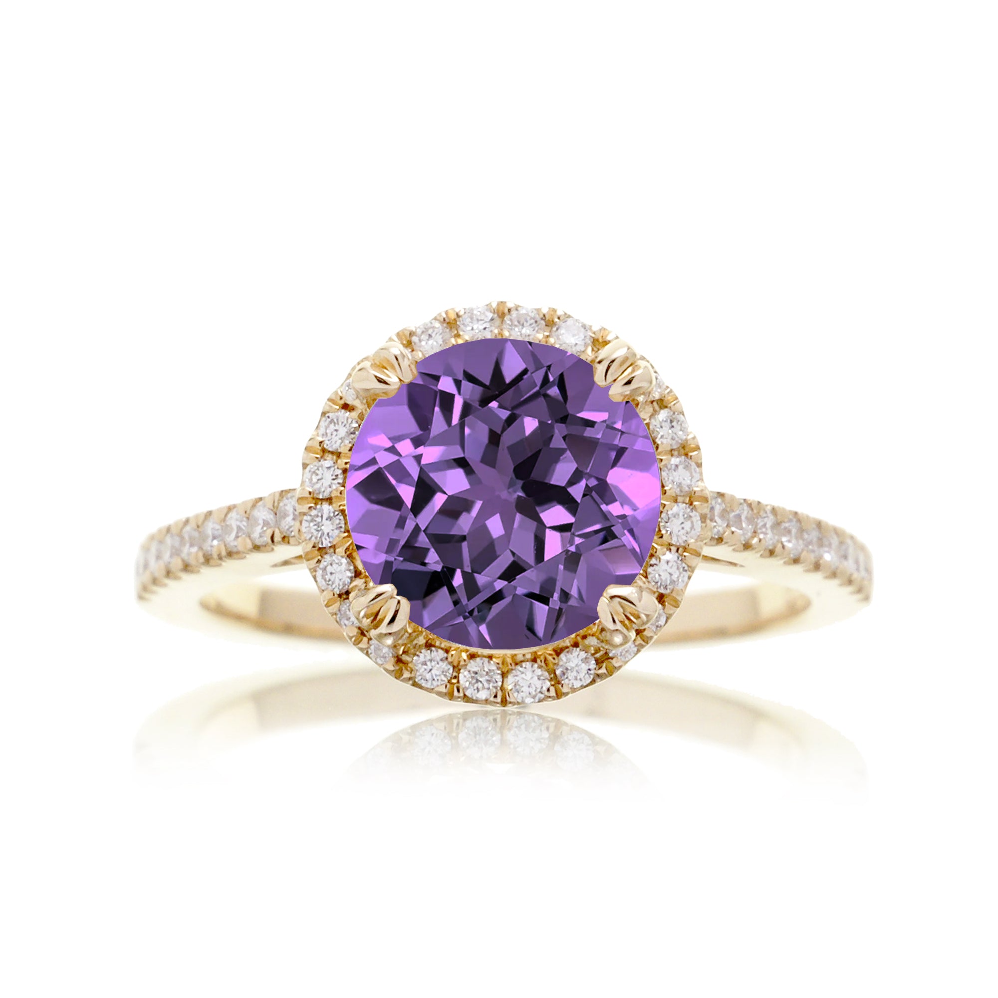 Round purple sapphire amethyst engagement ring with diamond halo