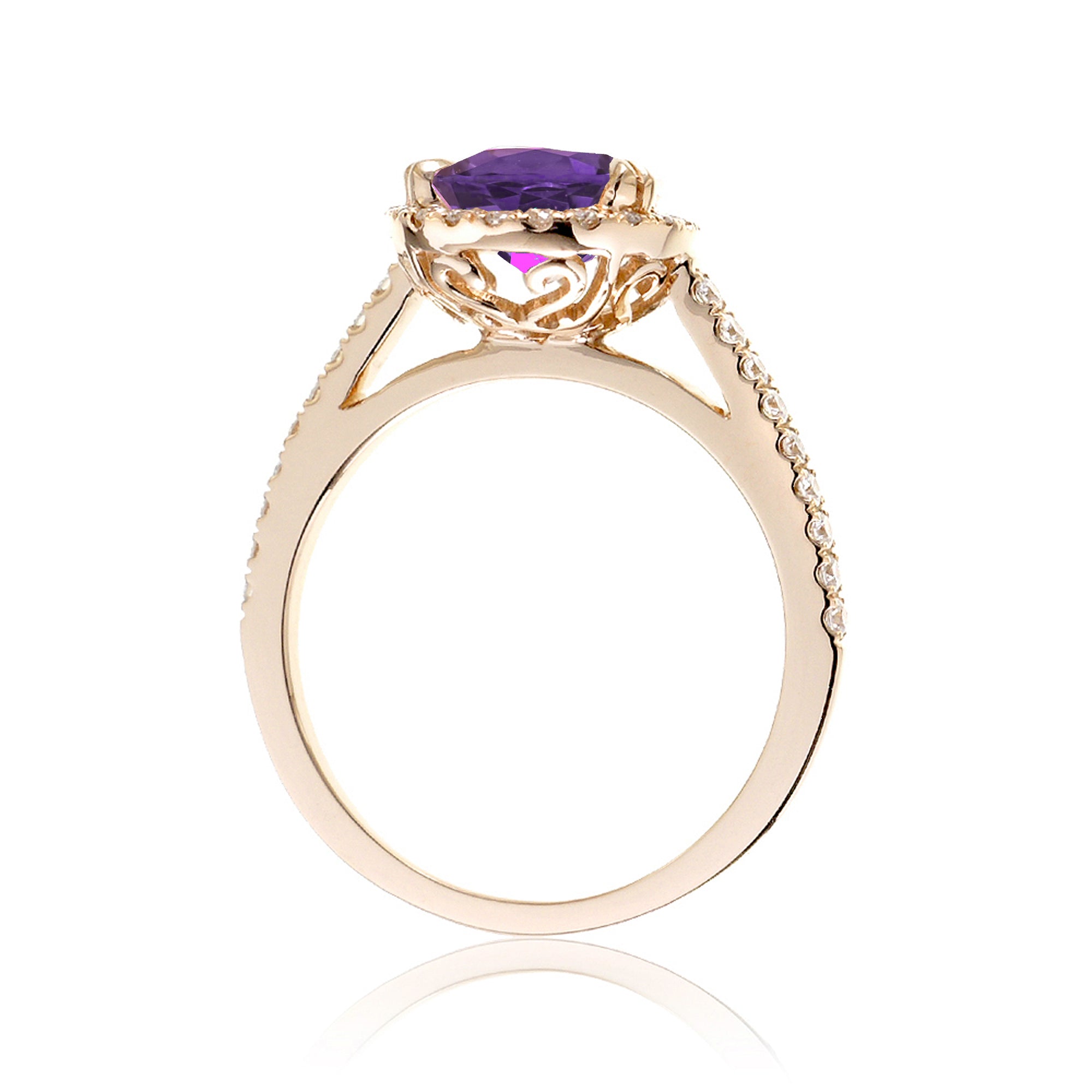 Round purple sapphire amethyst engagement ring with diamond halo