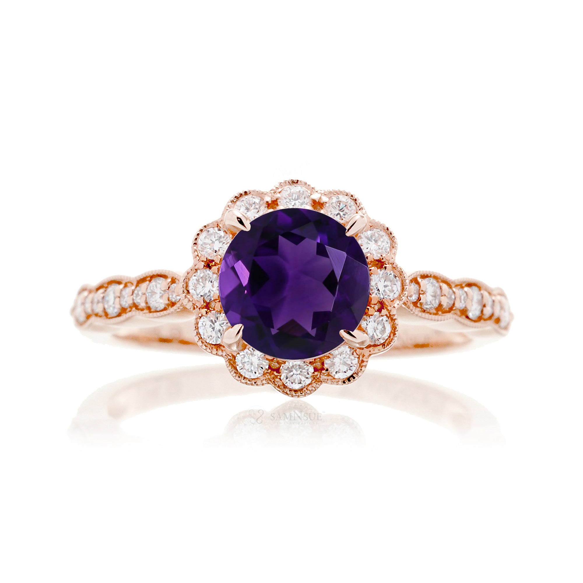 Round amethyst diamond ring with vintage scallop filigree rose gold setting