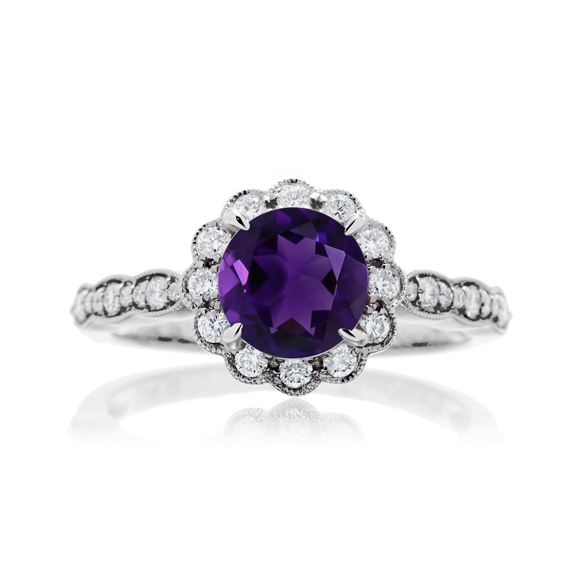 Round amethyst diamond ring with vintage scallop filigree white gold setting