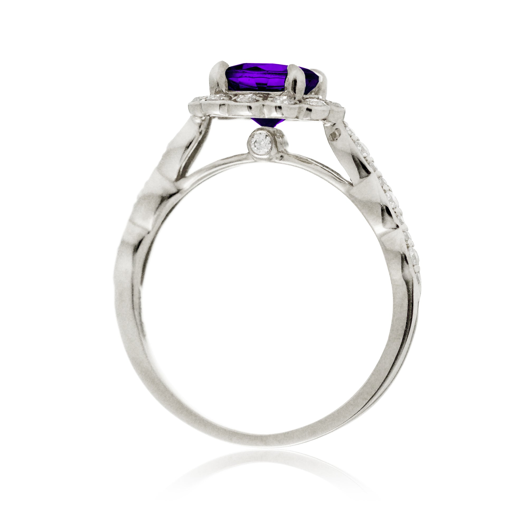 Round amethyst diamond ring with vintage scallop filigree white gold setting