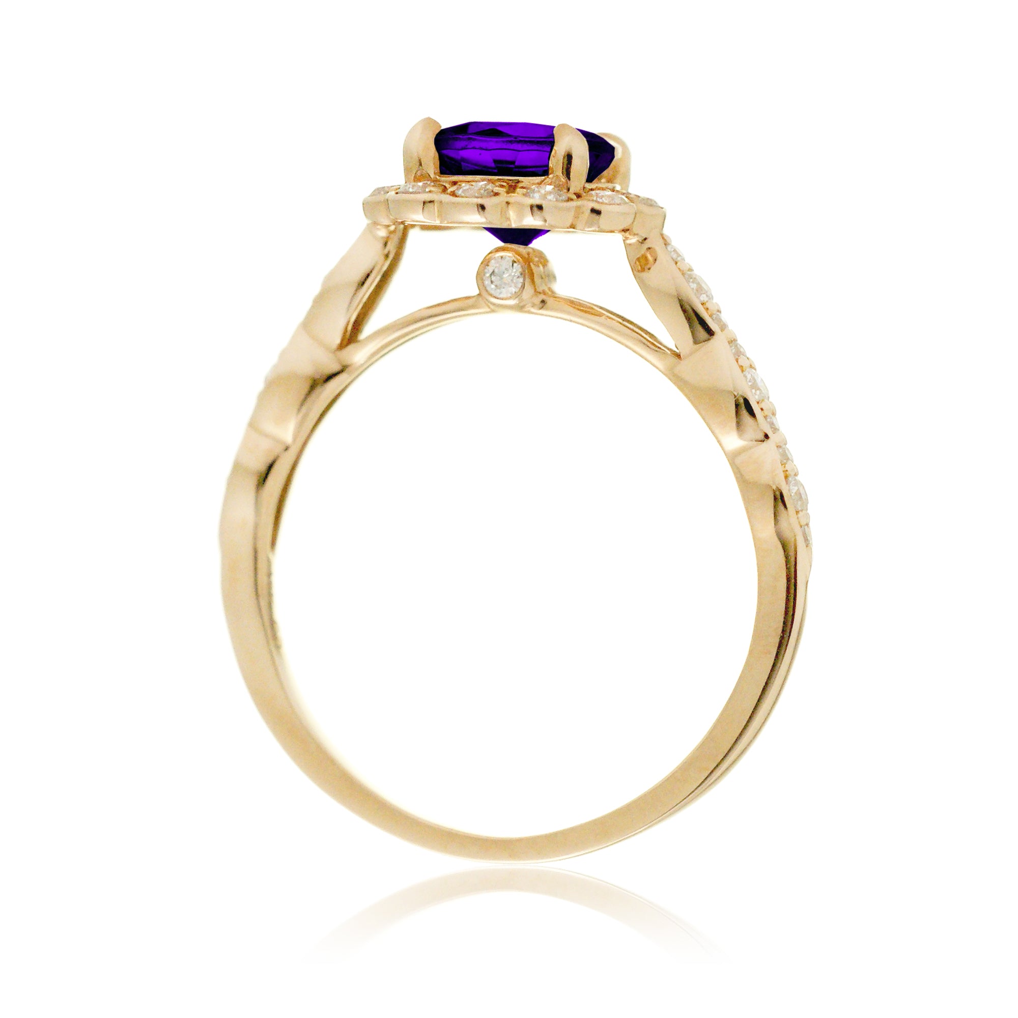 Round amethyst diamond ring with vintage scallop filigree yellow gold setting