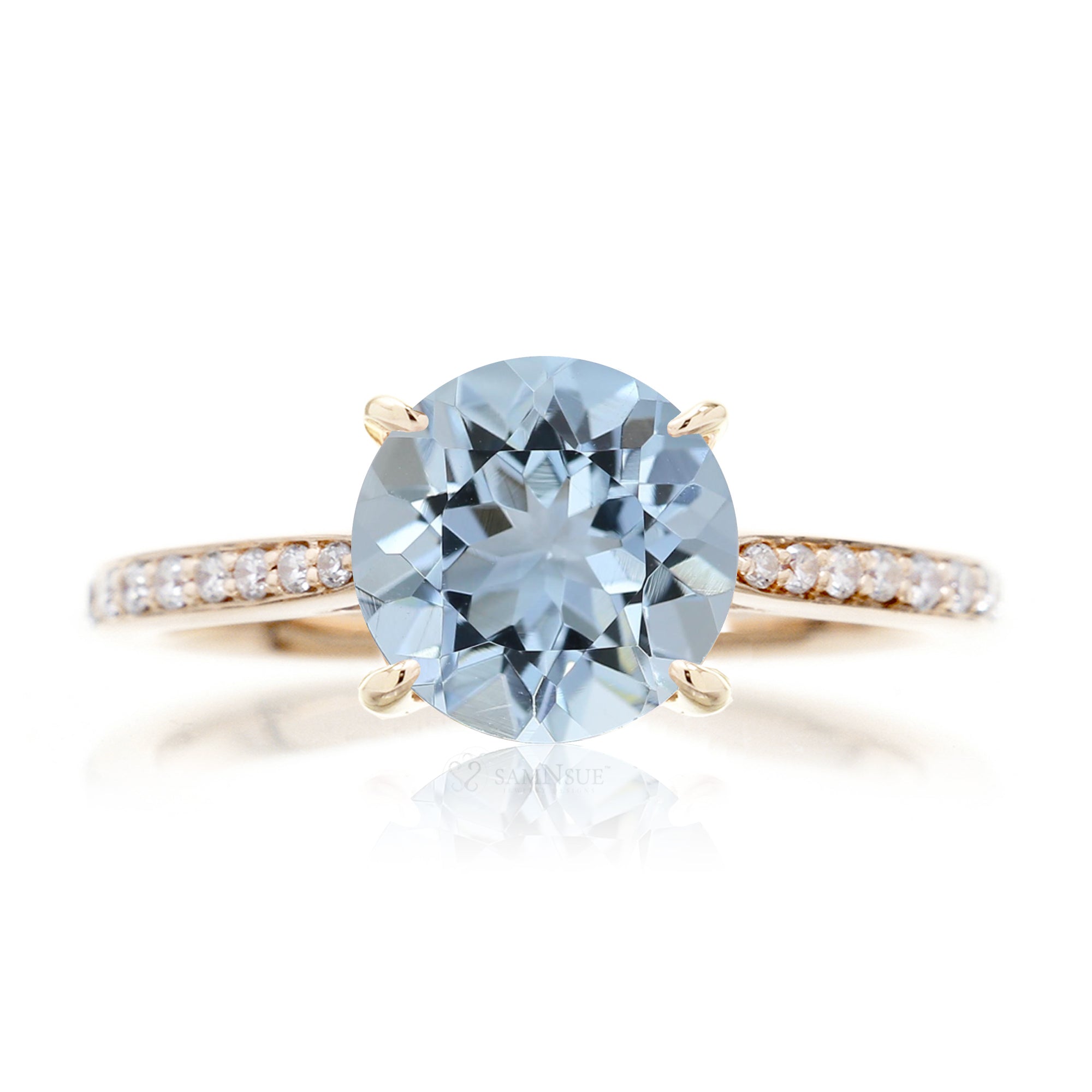 Round aquamarine solitaire engagement ring with a diamond band  - the Emily yellow gold