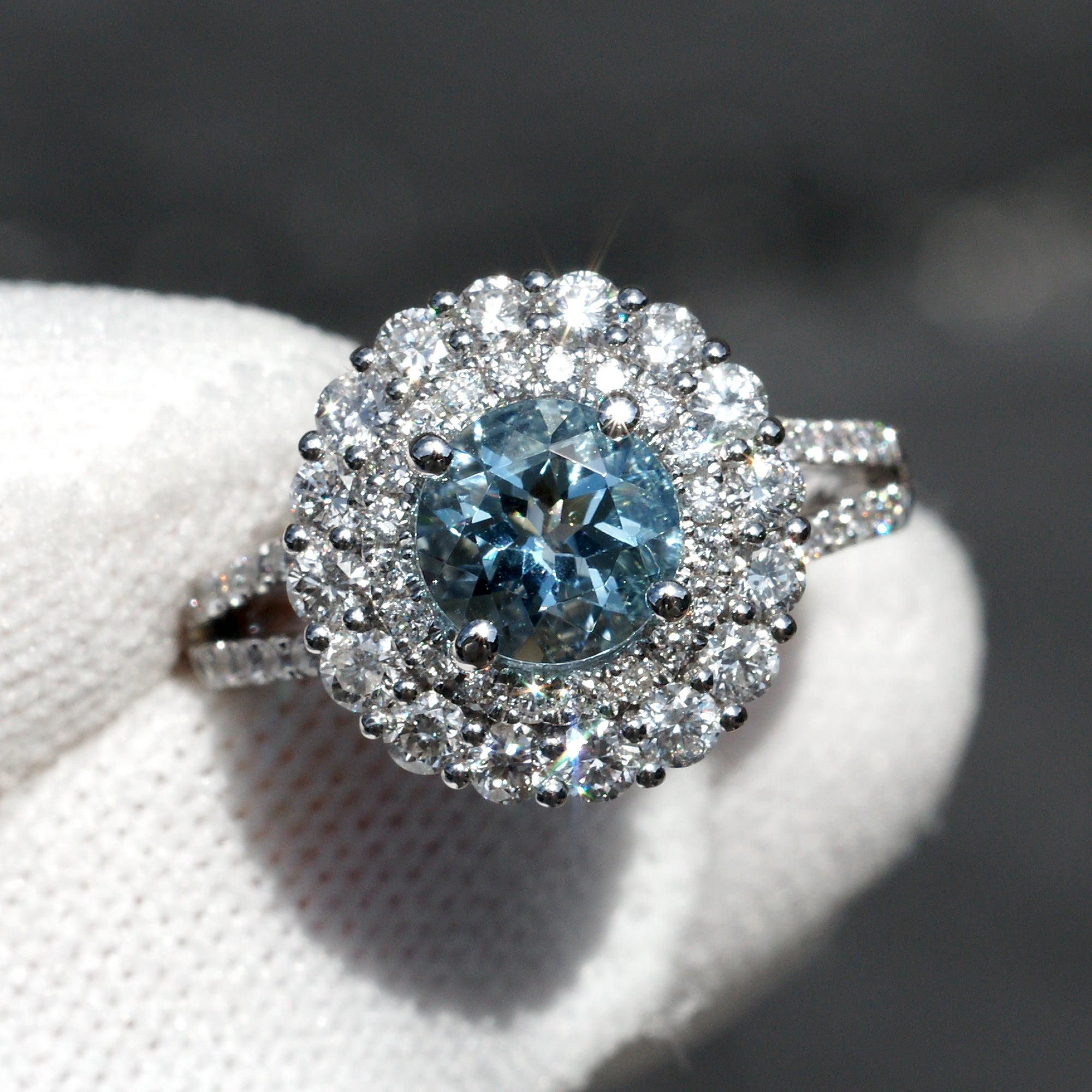 Aquamarine ring with double diamond halo and split band in 18k white gold 7mm by samNsue