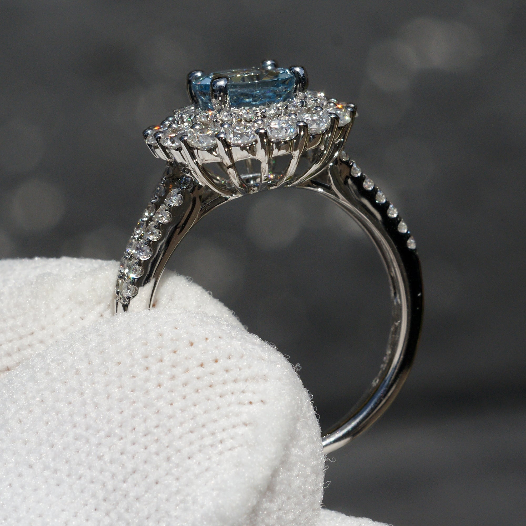 Aquamarine ring with double diamond halo and split band in 18k white gold 7mm by samNsue