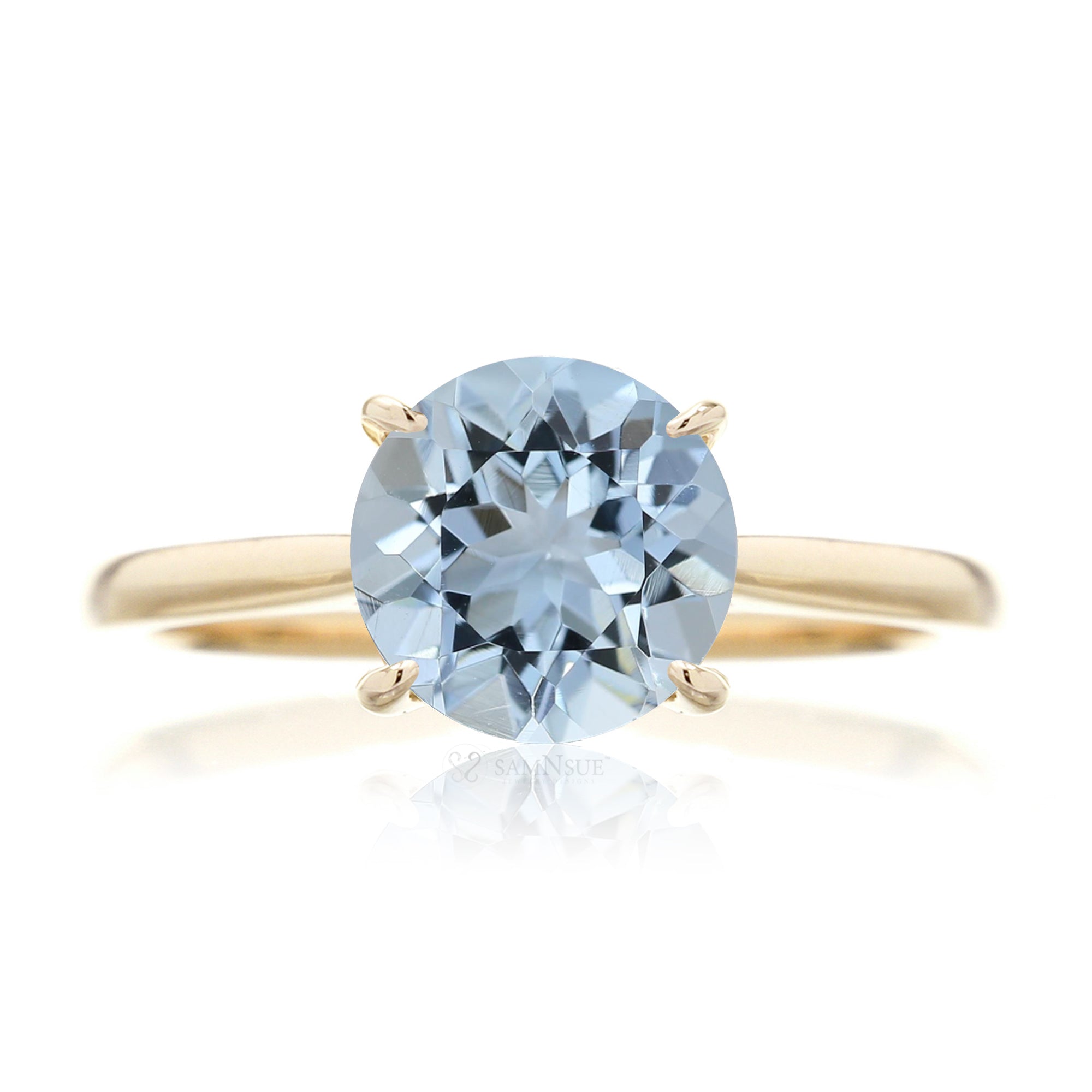 Round aquamarine solitaire engagement ring with a solid band  - the Emily yellow gold
