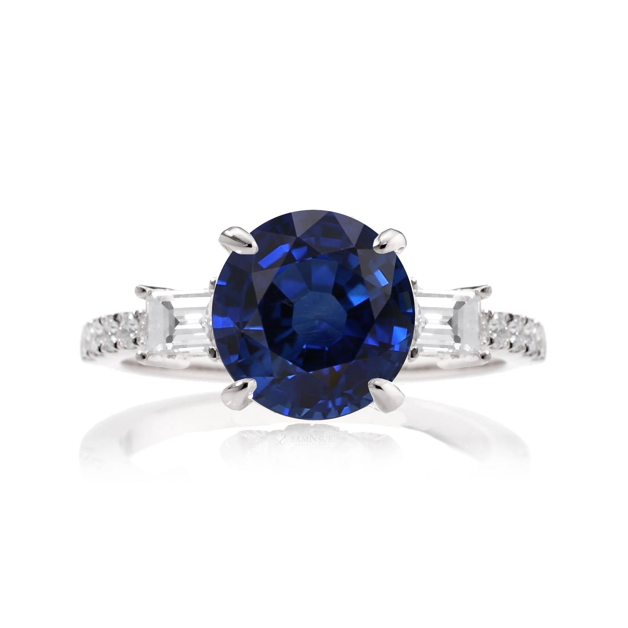 Sapphire ring three stone baguette white gold