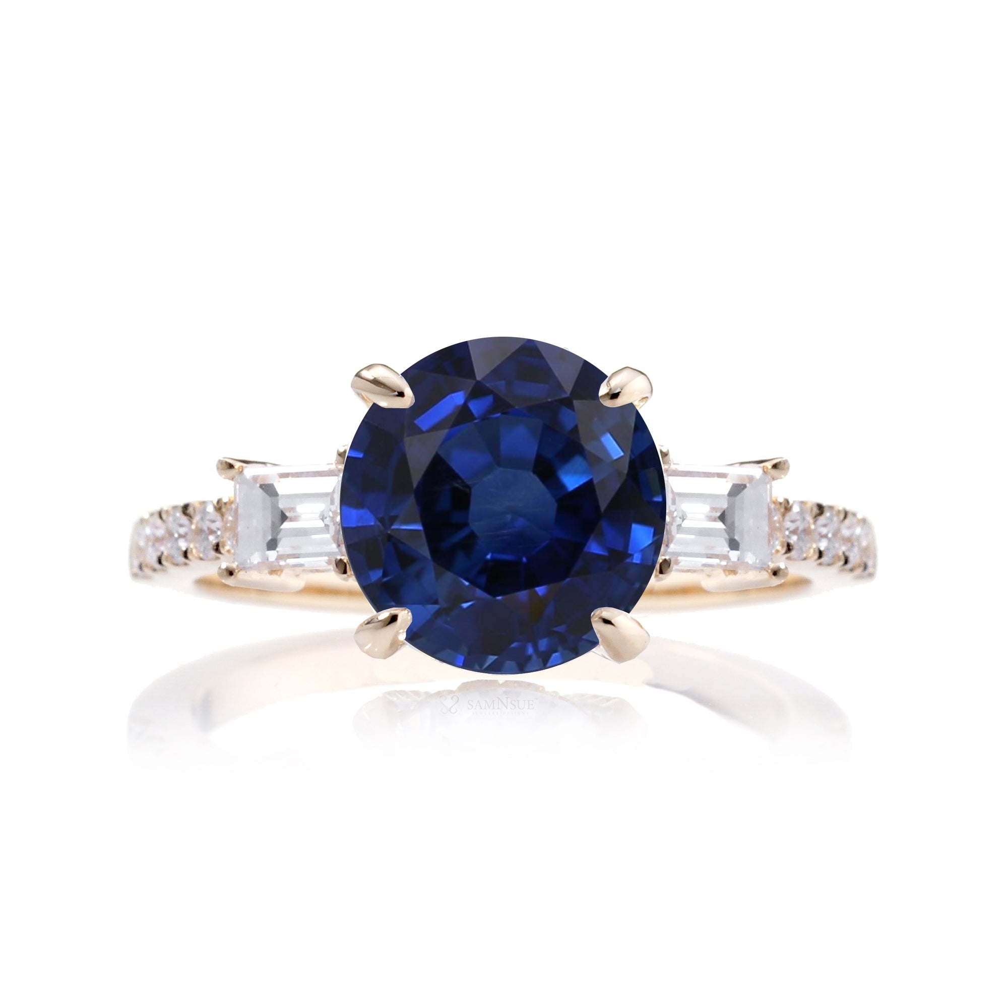 Sapphire ring three stone baguette yellow gold