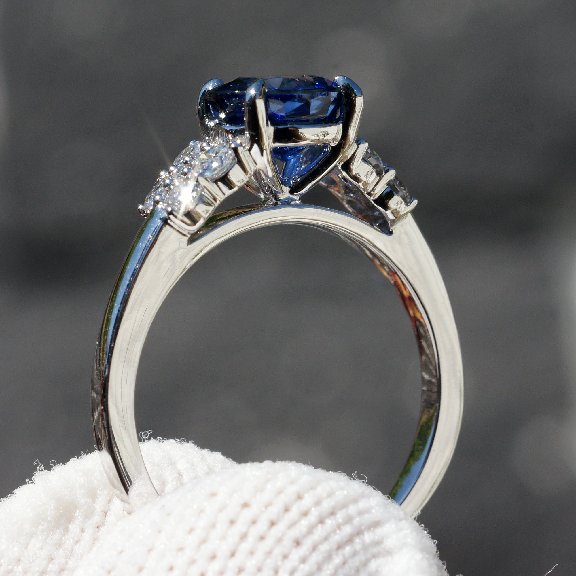 Triple Diamond Halo Triple Oval Ceylon Natural Blue Sapphire Ring in 14k  White Gold (GR-5943)