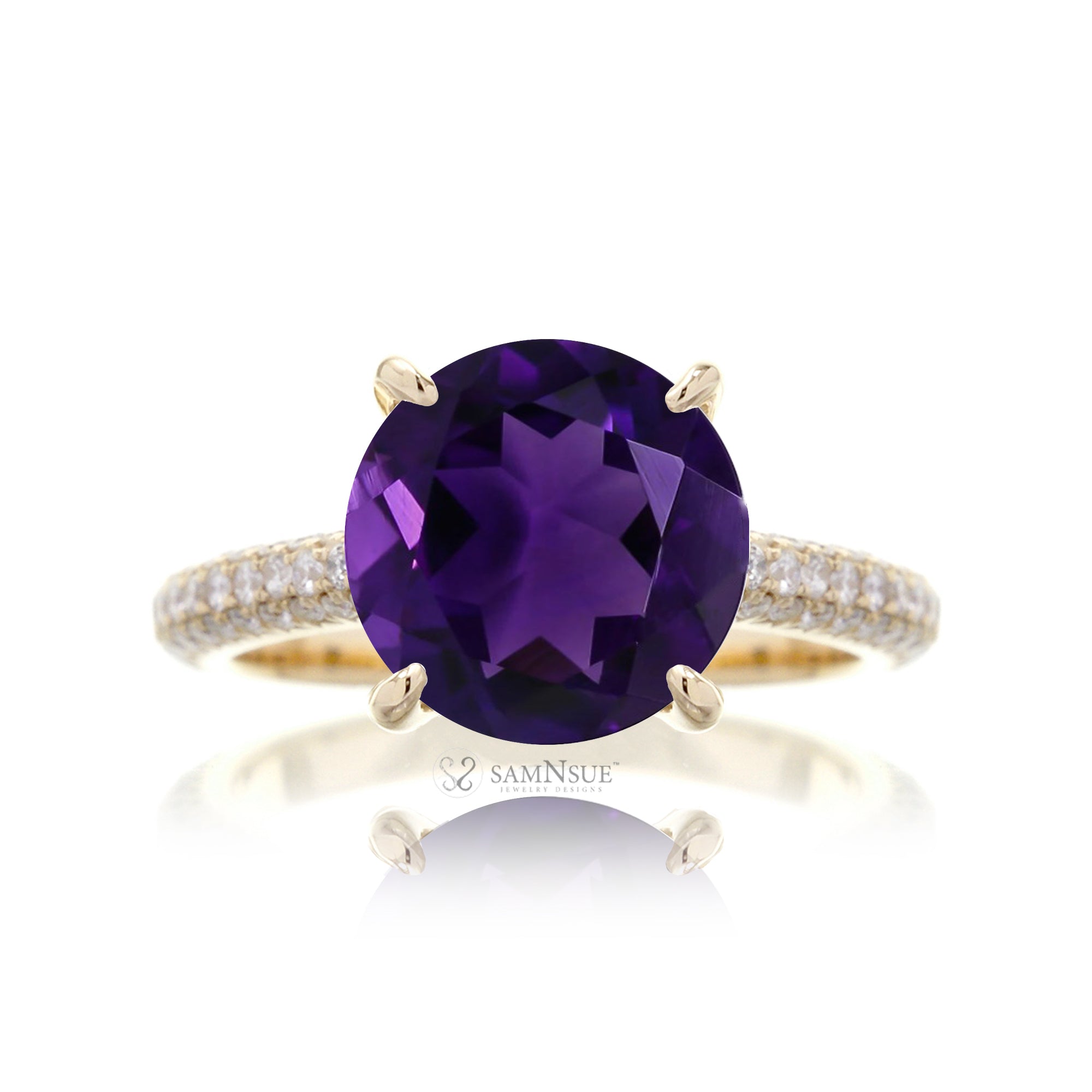 Round Amethyst Engagement Ring with Diamond Triple Row Band