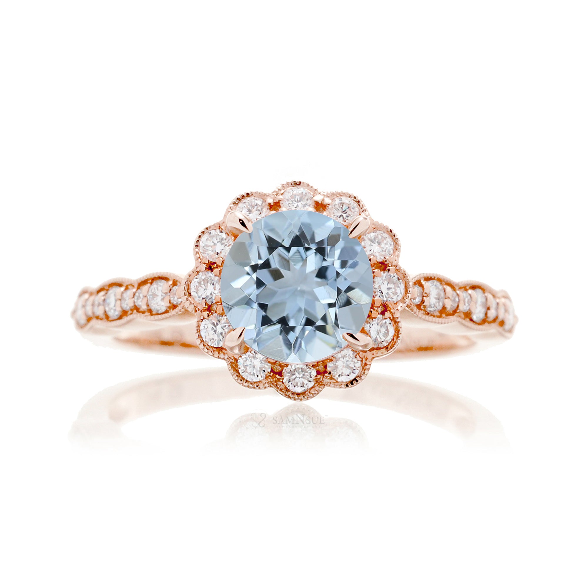 Round cut aquamarine with diamond halo and band the scallop rose gold
