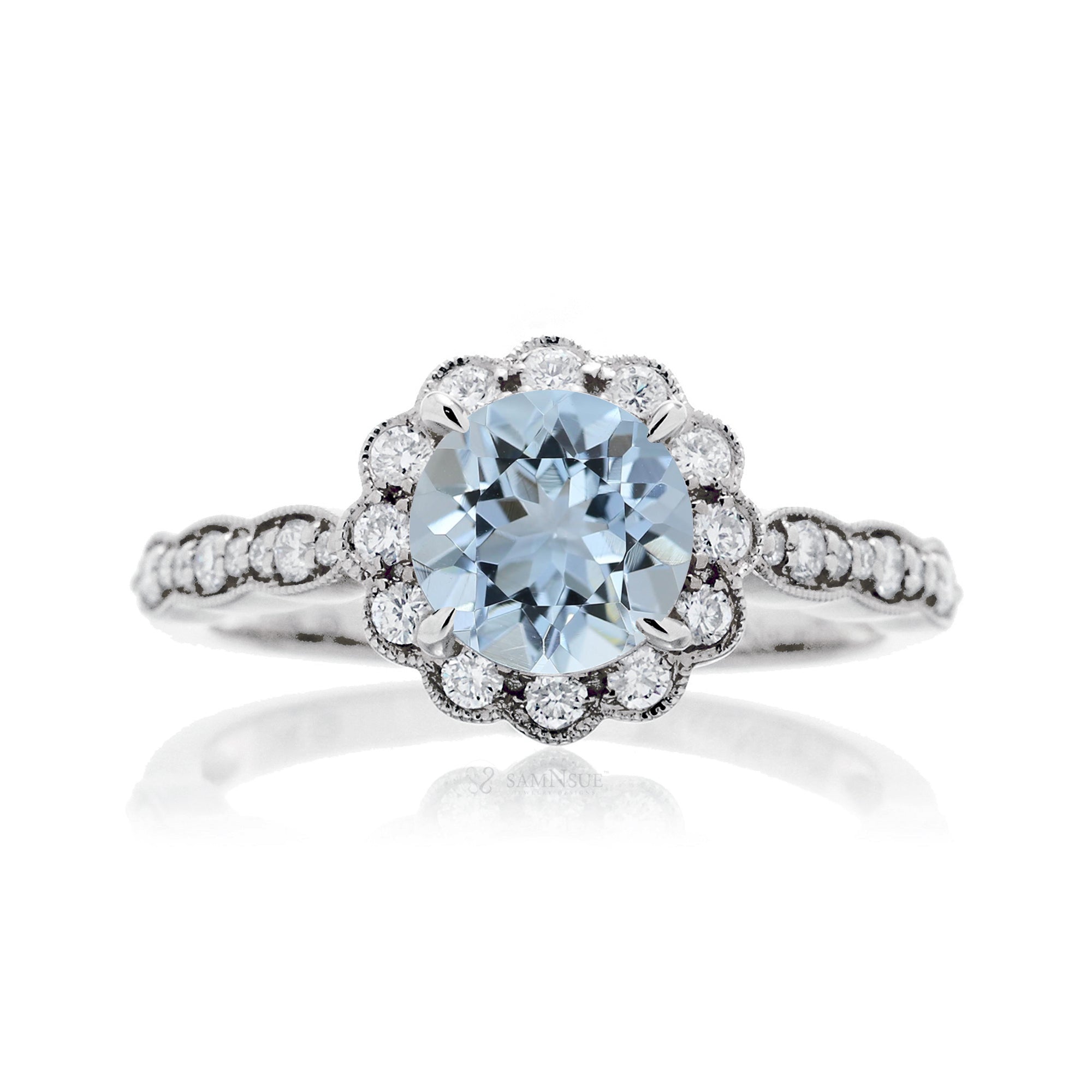 Round cut aquamarine with diamond halo and band the scallop white gold