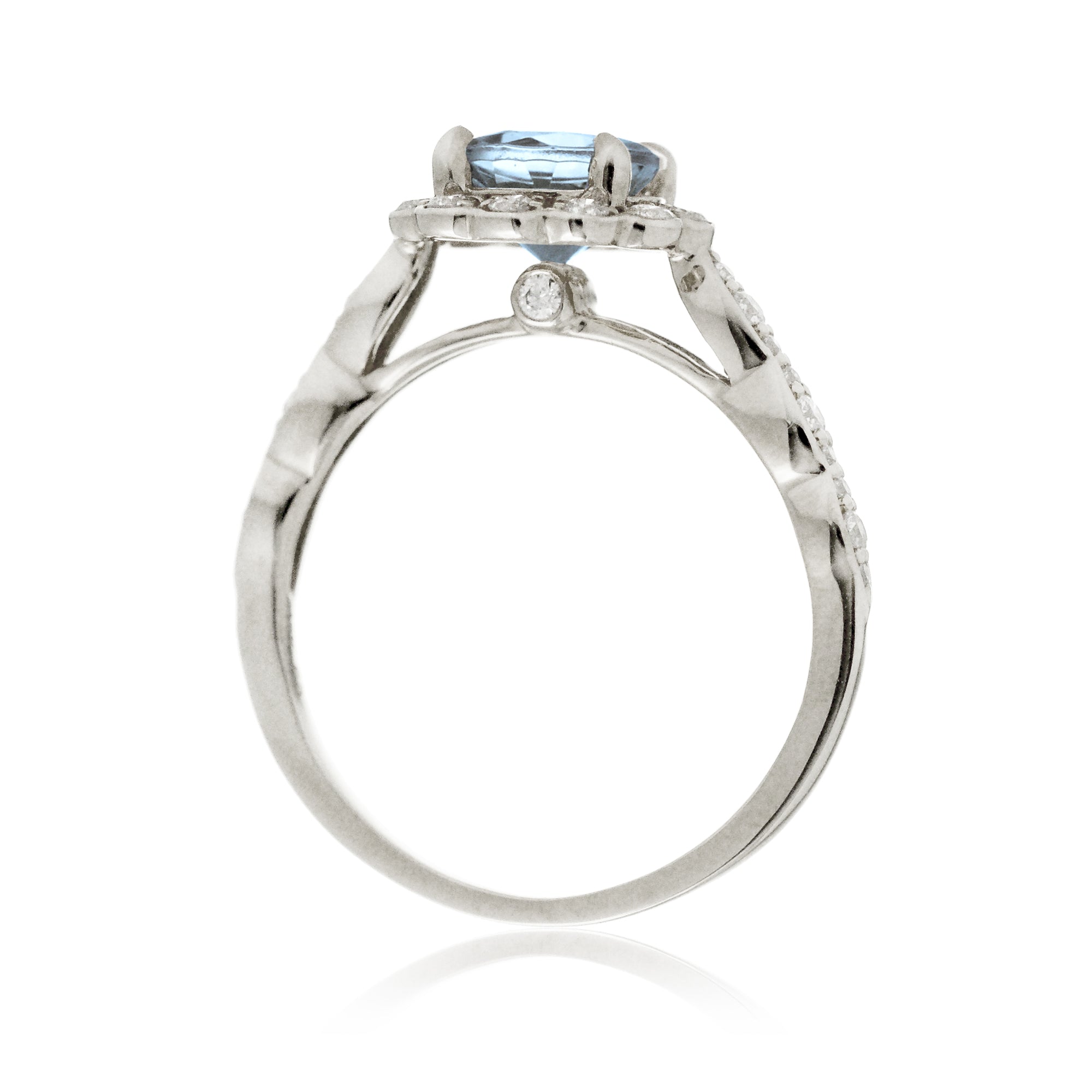 Round cut aquamarine with diamond halo and band the scallop white gold