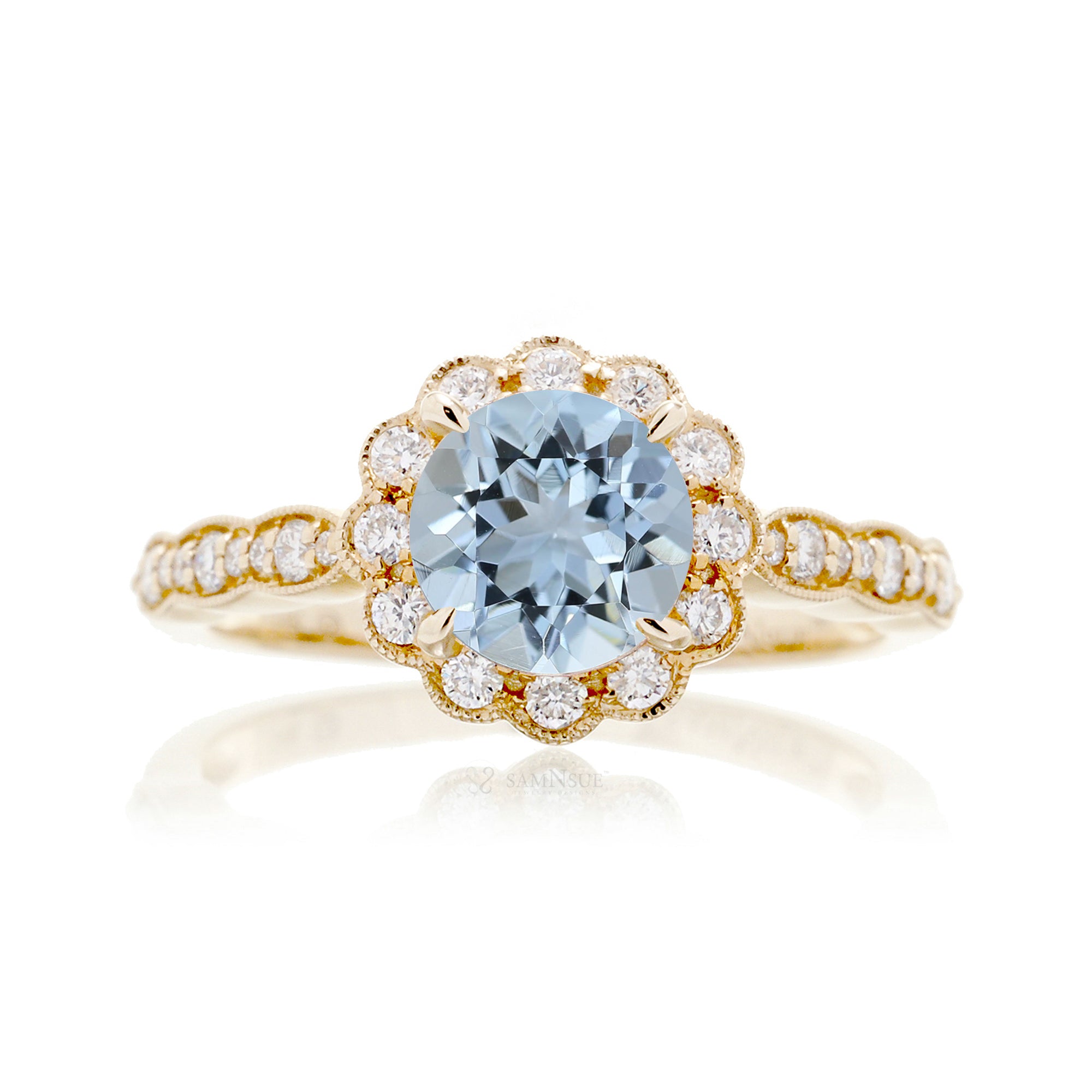 Round cut aquamarine with diamond halo and band the scallop yellow gold