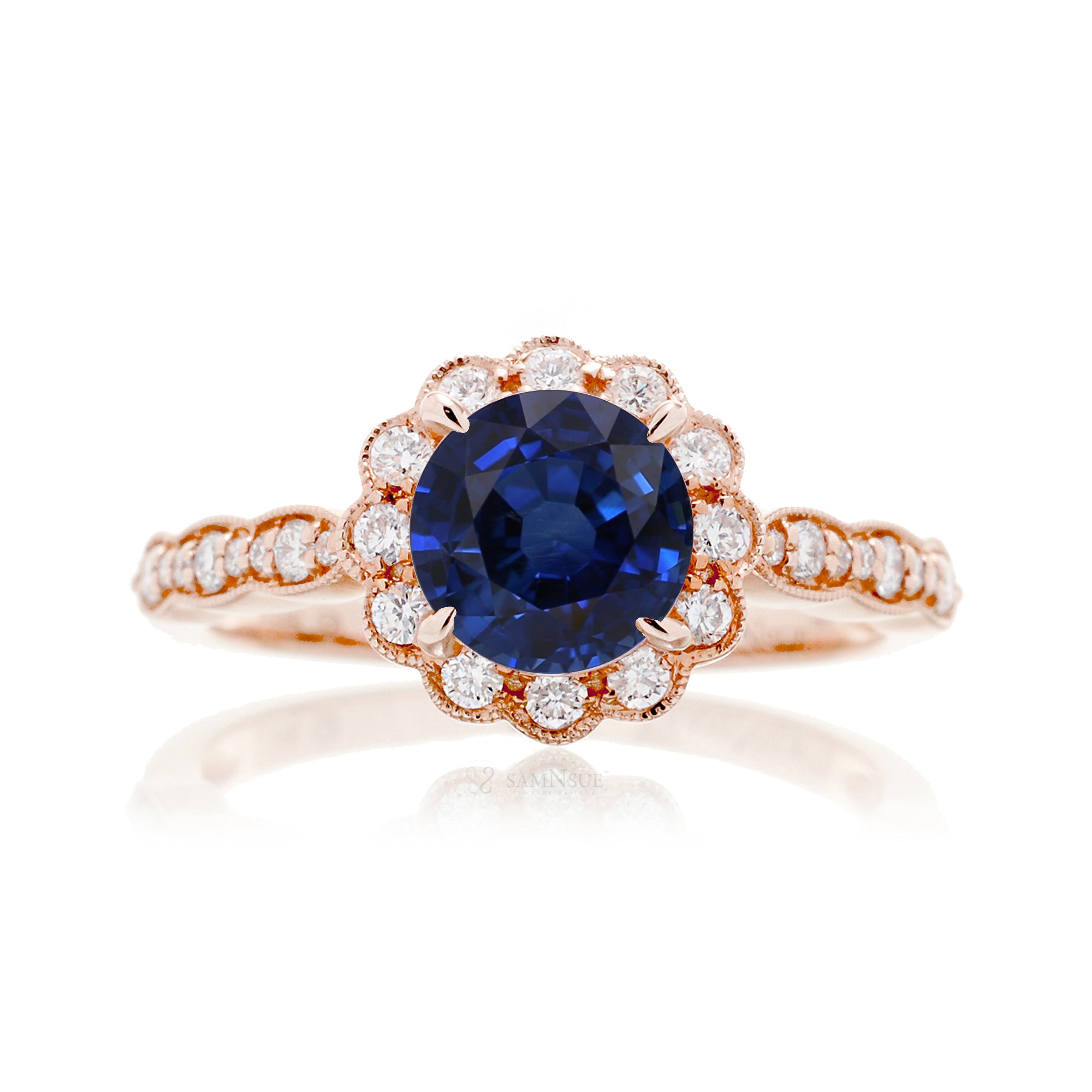 Round Blue Sapphire Scallop Halo Diamond Ring in Rose Gold
