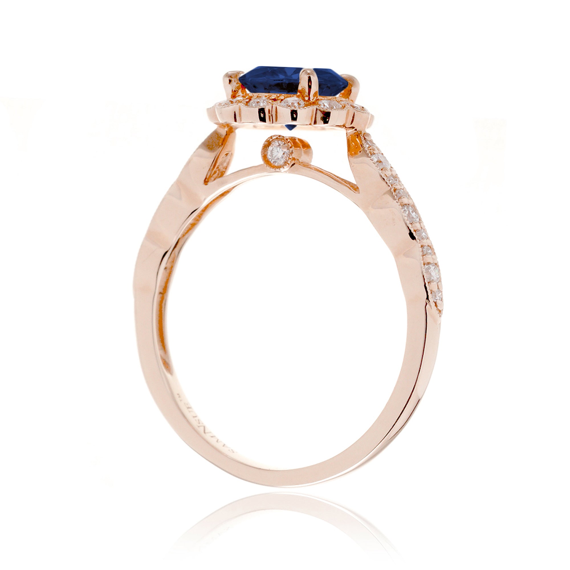 Round Blue Sapphire Scallop Halo Diamond Ring in Rose Gold