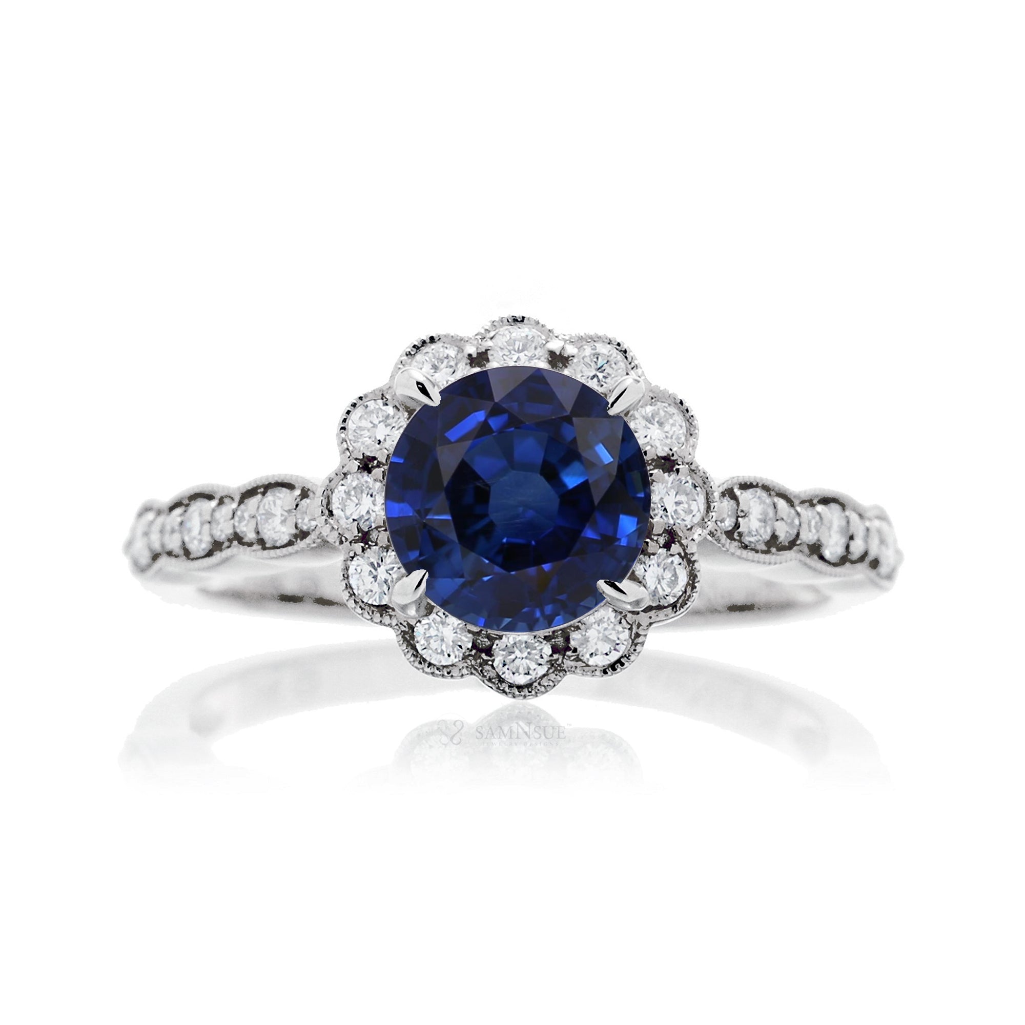 Round Blue Sapphire Scallop Halo Diamond Ring in White Gold