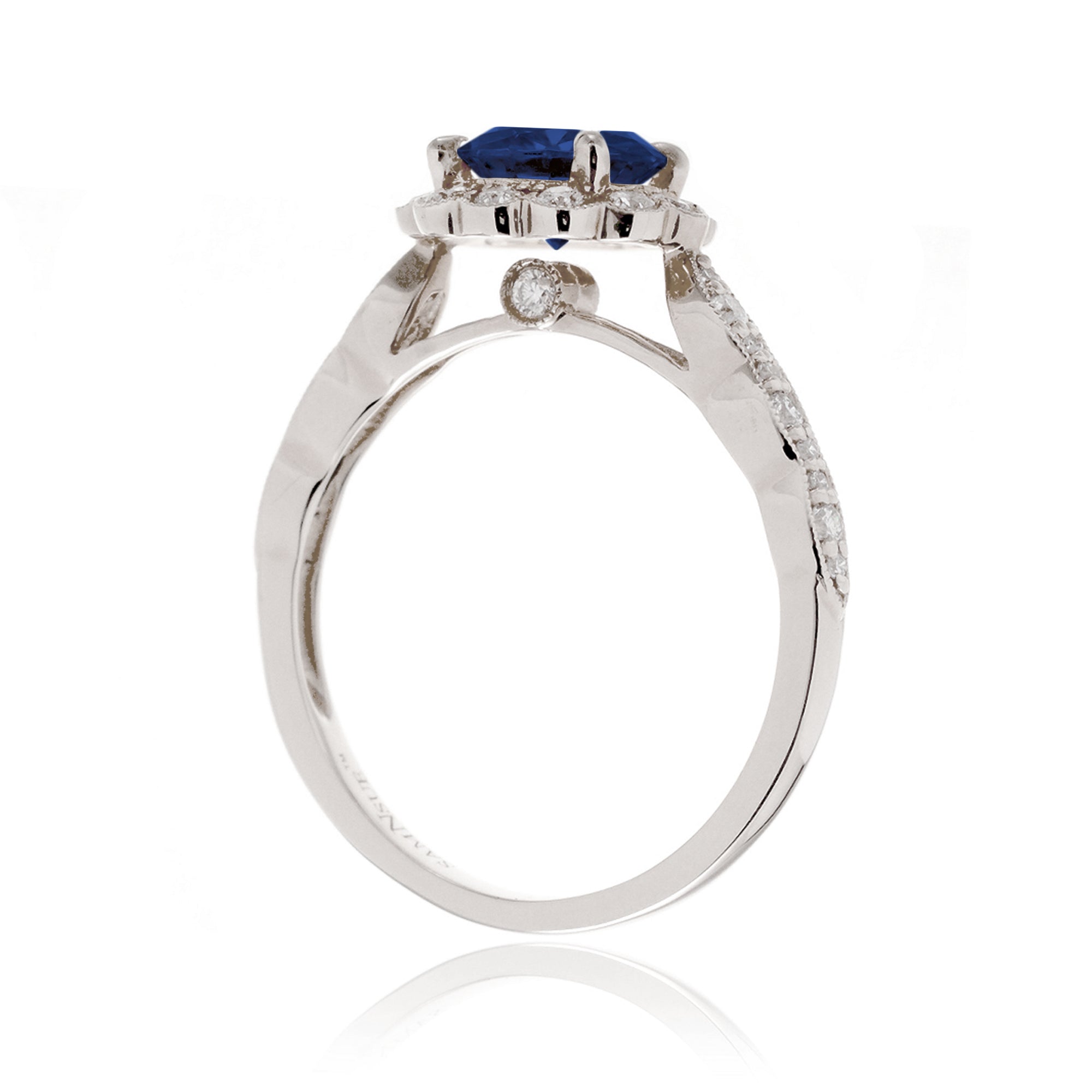 Round Blue Sapphire Scallop Halo Diamond Ring in White Gold