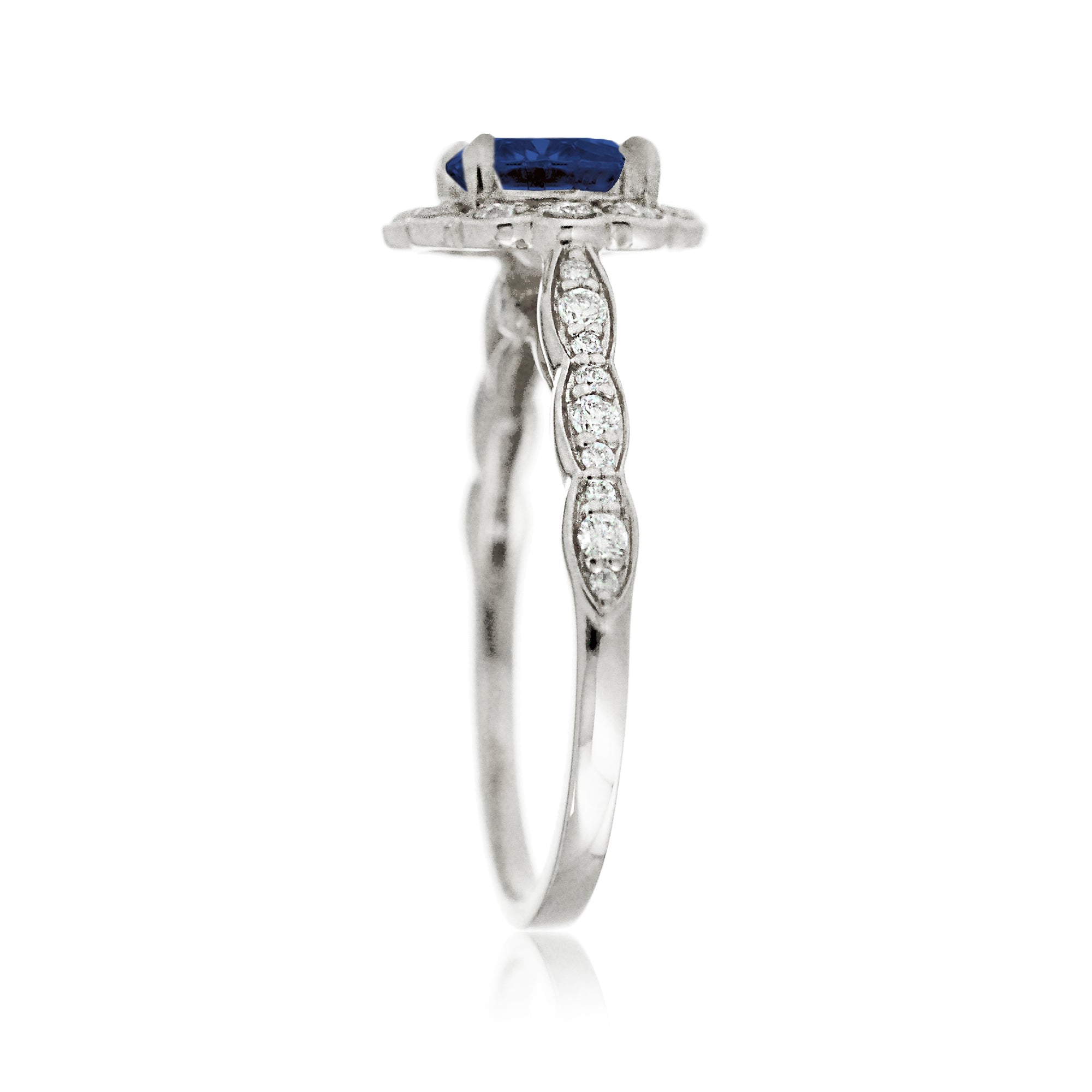 Round Blue Sapphire Scallop Halo Diamond Ring in White Gold