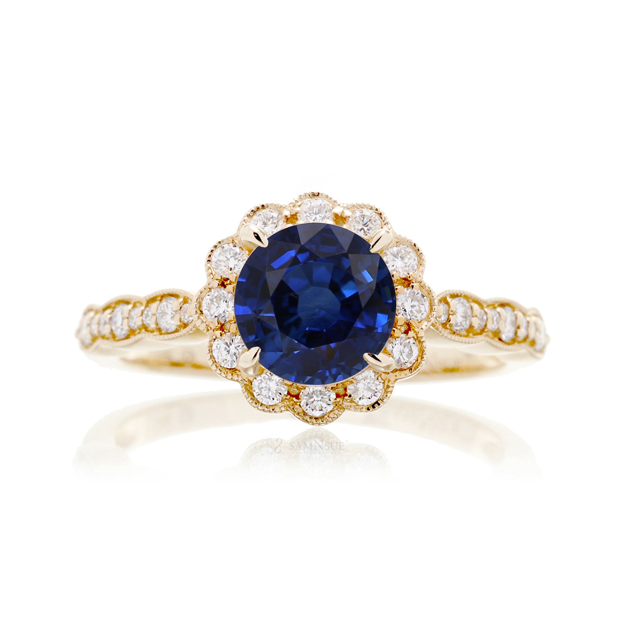 Round Blue Sapphire Scallop Halo Diamond Ring in Yellow Gold