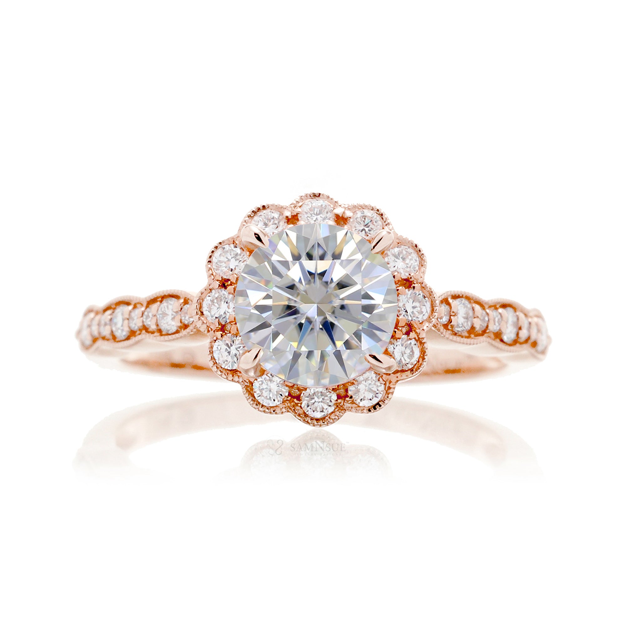 Round brilliant cut diamond scallop halo and band rose gold