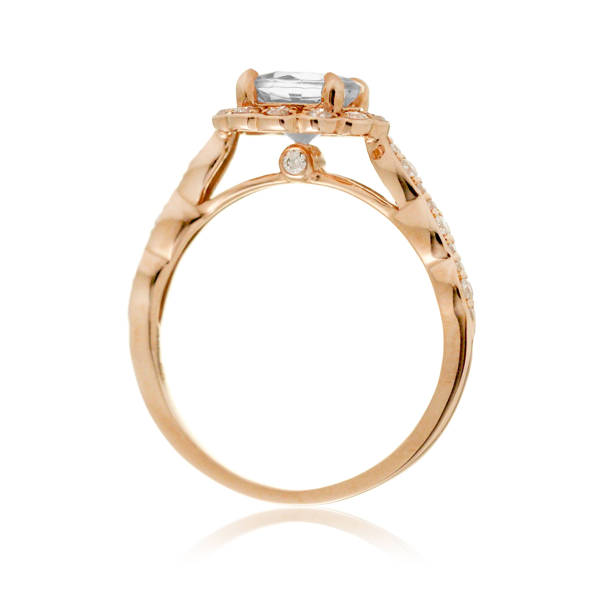 Round brilliant cut diamond scallop halo and band rose gold