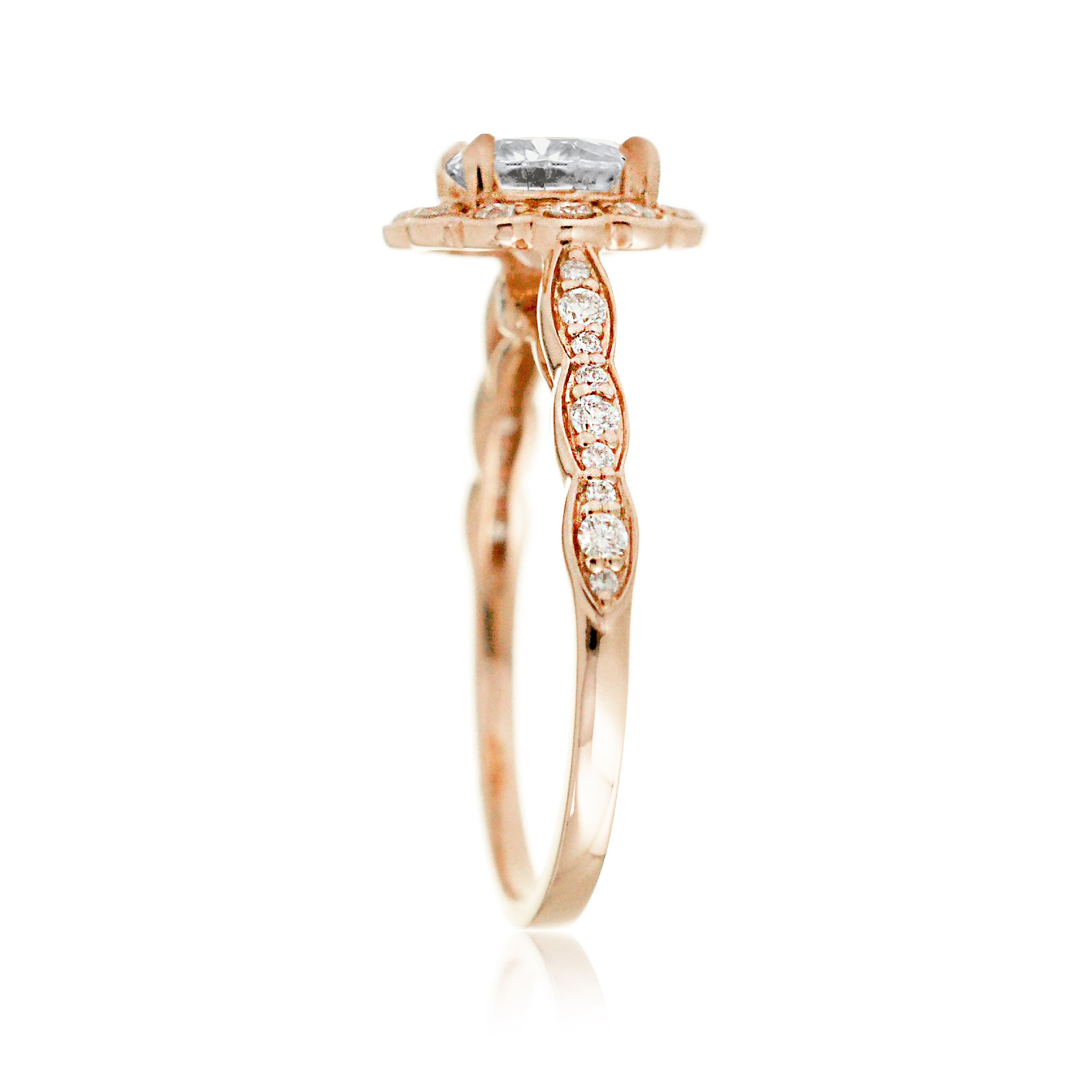 Round brilliant cut diamond scallop halo and band rose gold