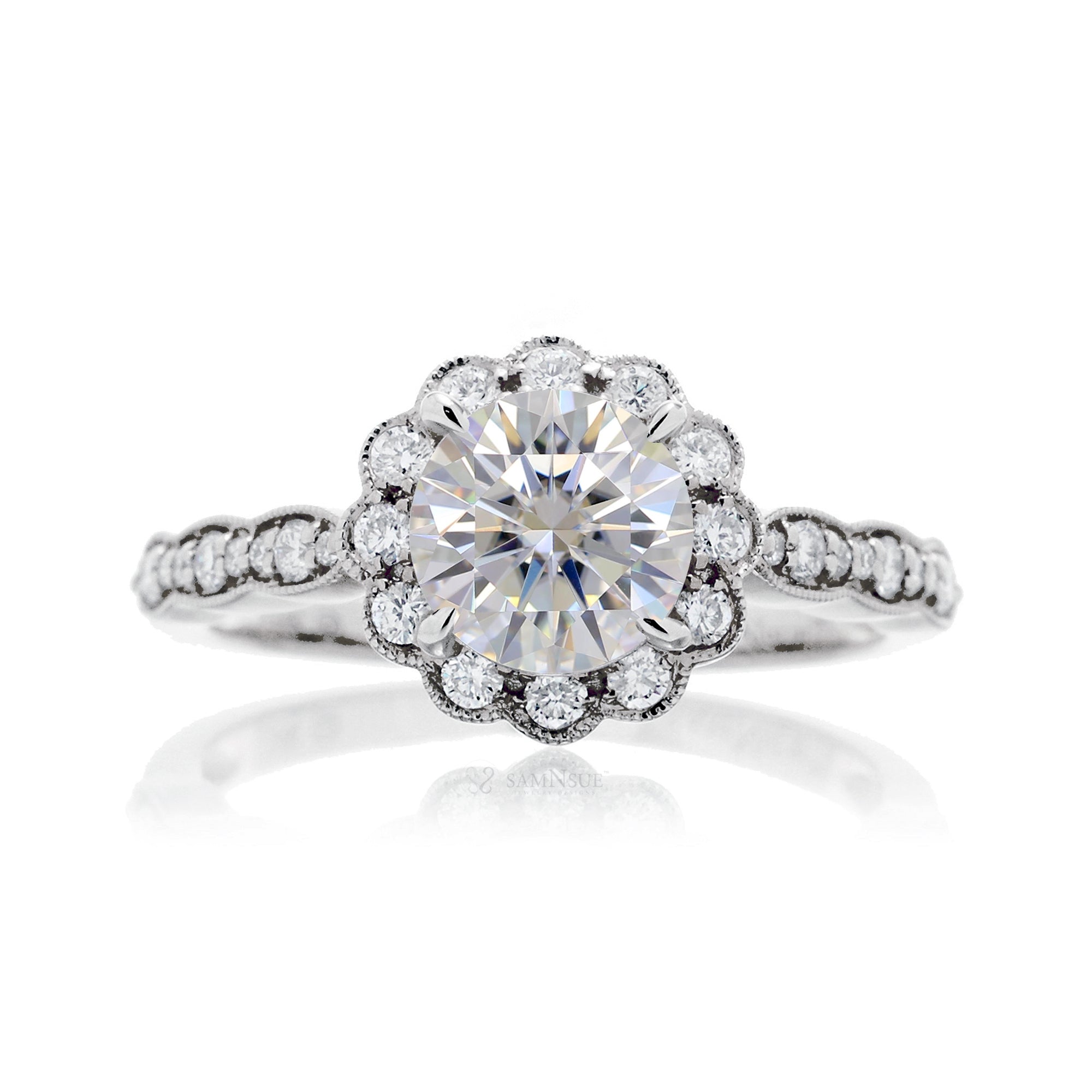 Round brilliant cut diamond scallop halo and band white gold