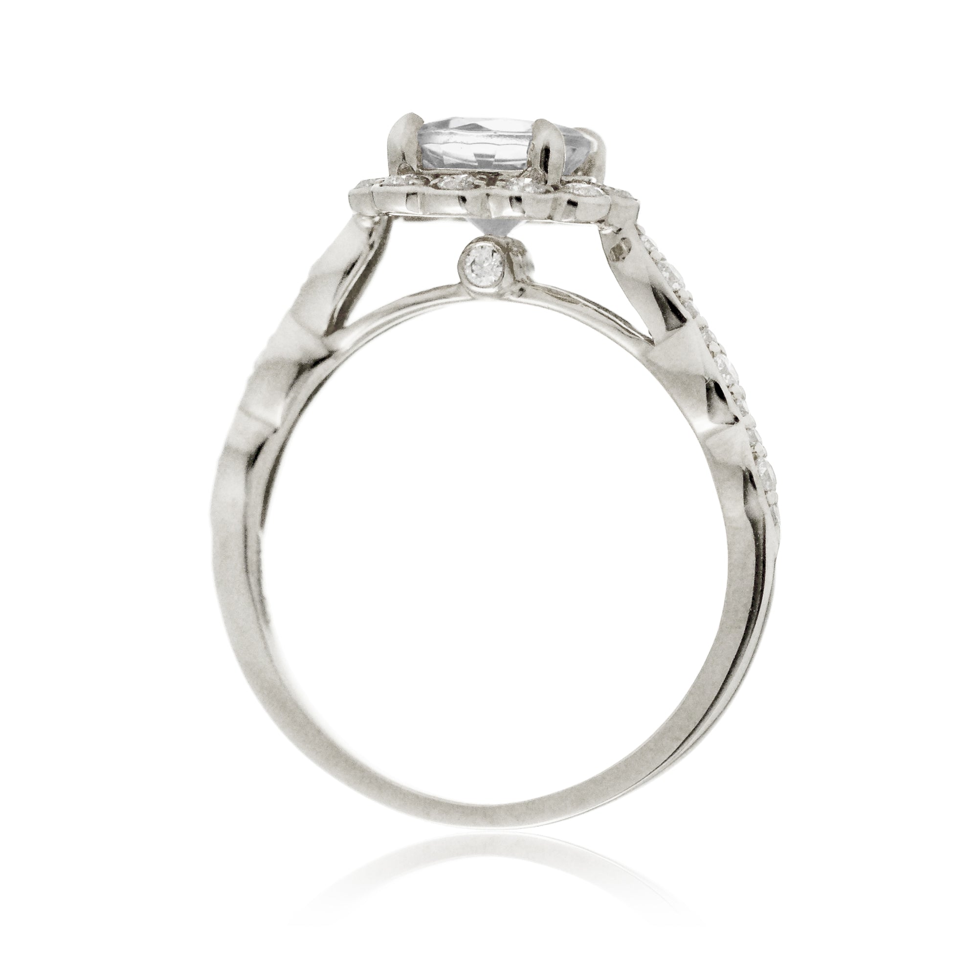 Round brilliant cut diamond scallop halo and band white gold