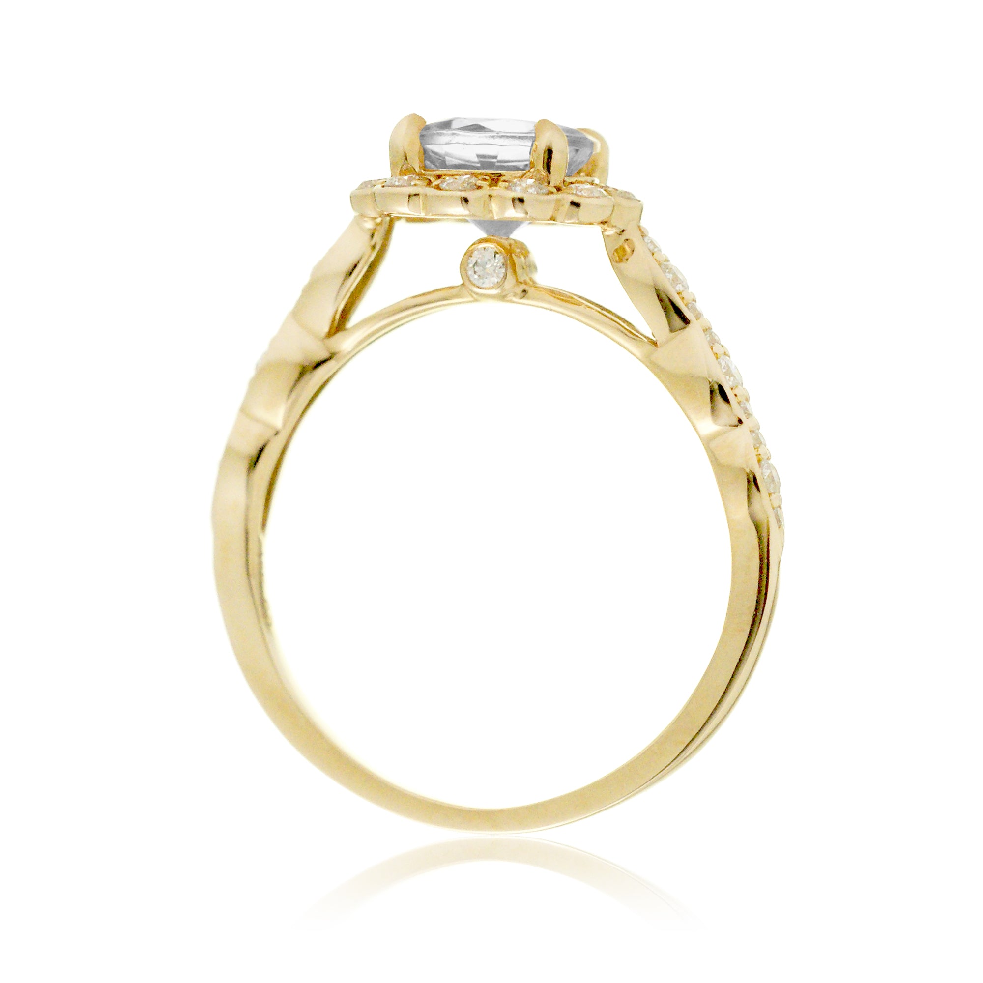 Round brilliant cut diamond scallop halo and band yellow gold