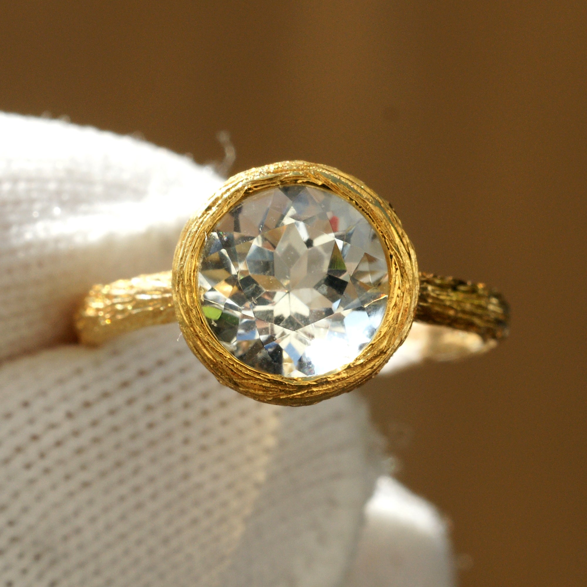 Prasiolite green amethyst solitaire bezel wood grain ring in yellow gold