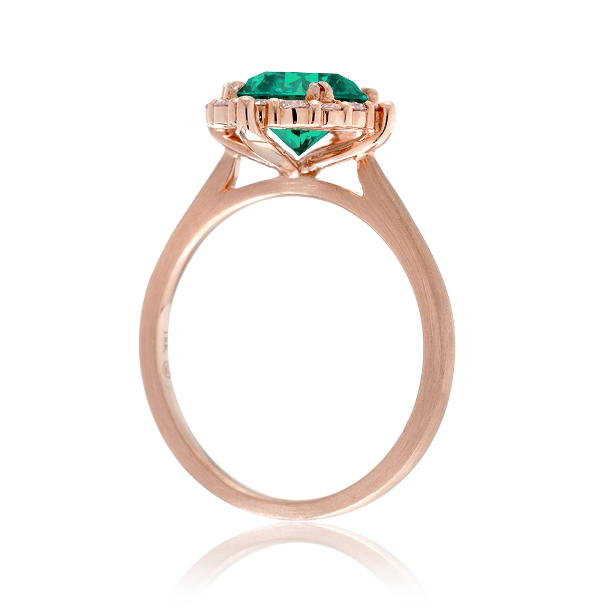 Round cut lab-grown green emerald diamond halo solid rose gold gemstone ring