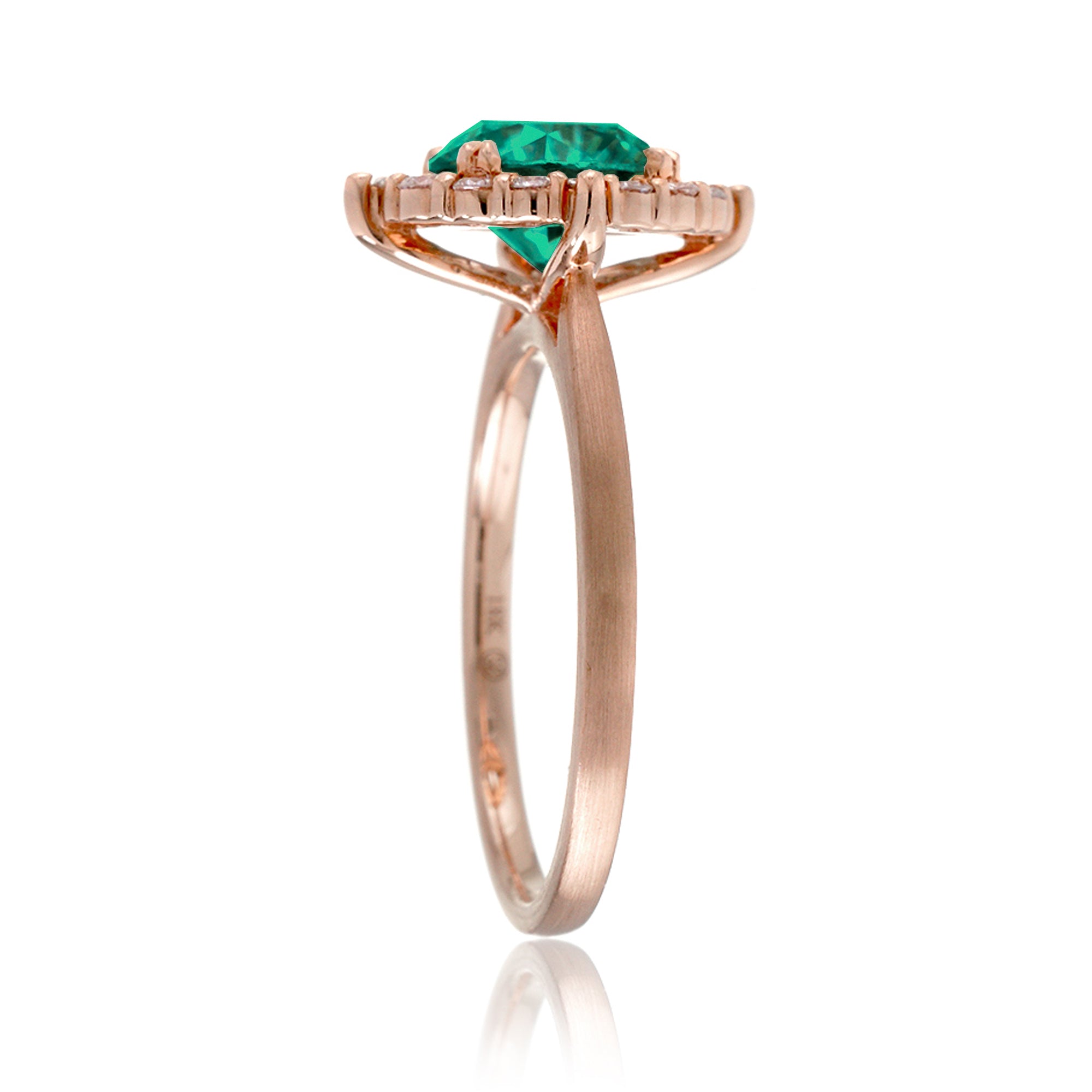 Round cut lab-grown green emerald diamond halo solid rose gold gemstone ring