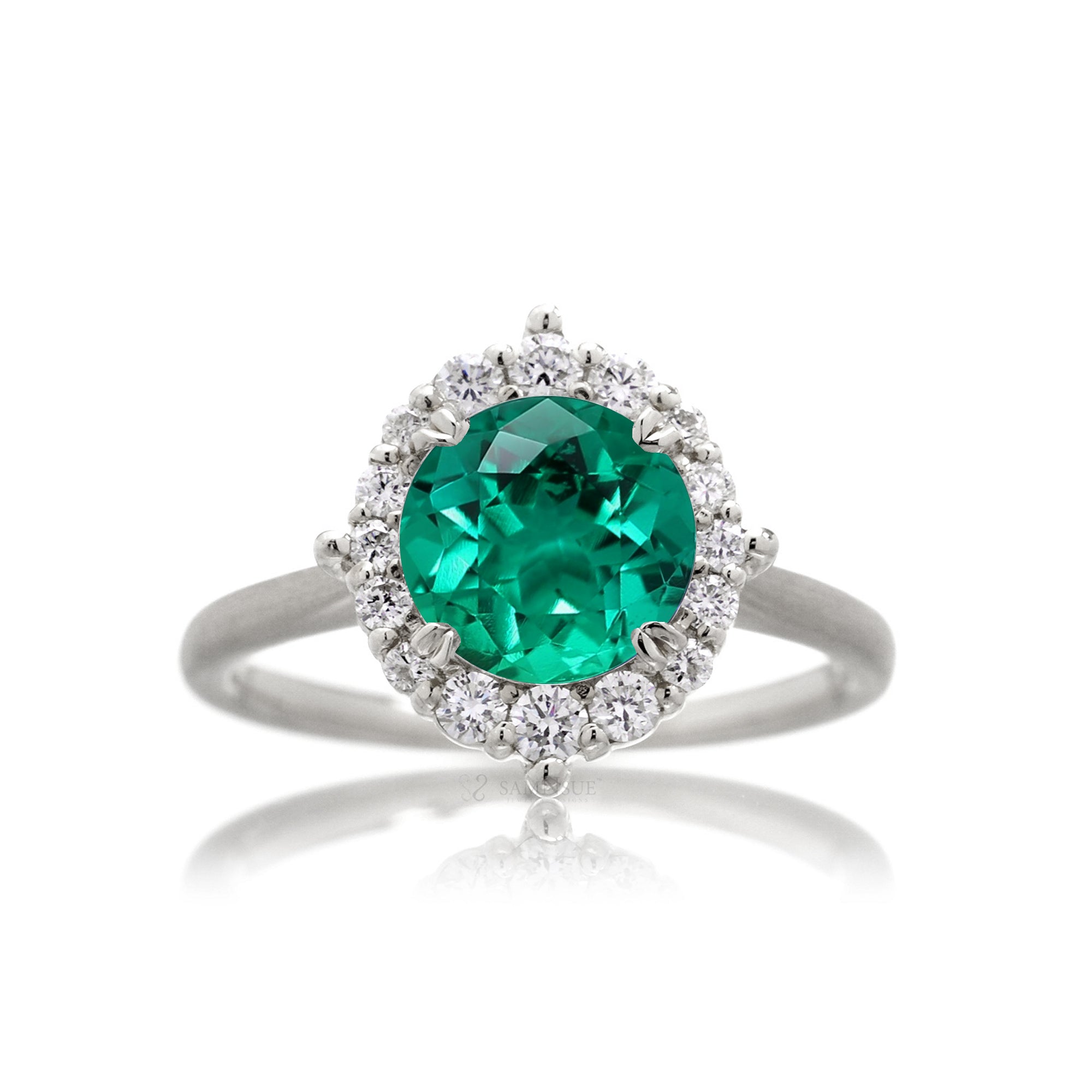 Round cut lab-grown green emerald diamond halo solid white gold gemstone ring