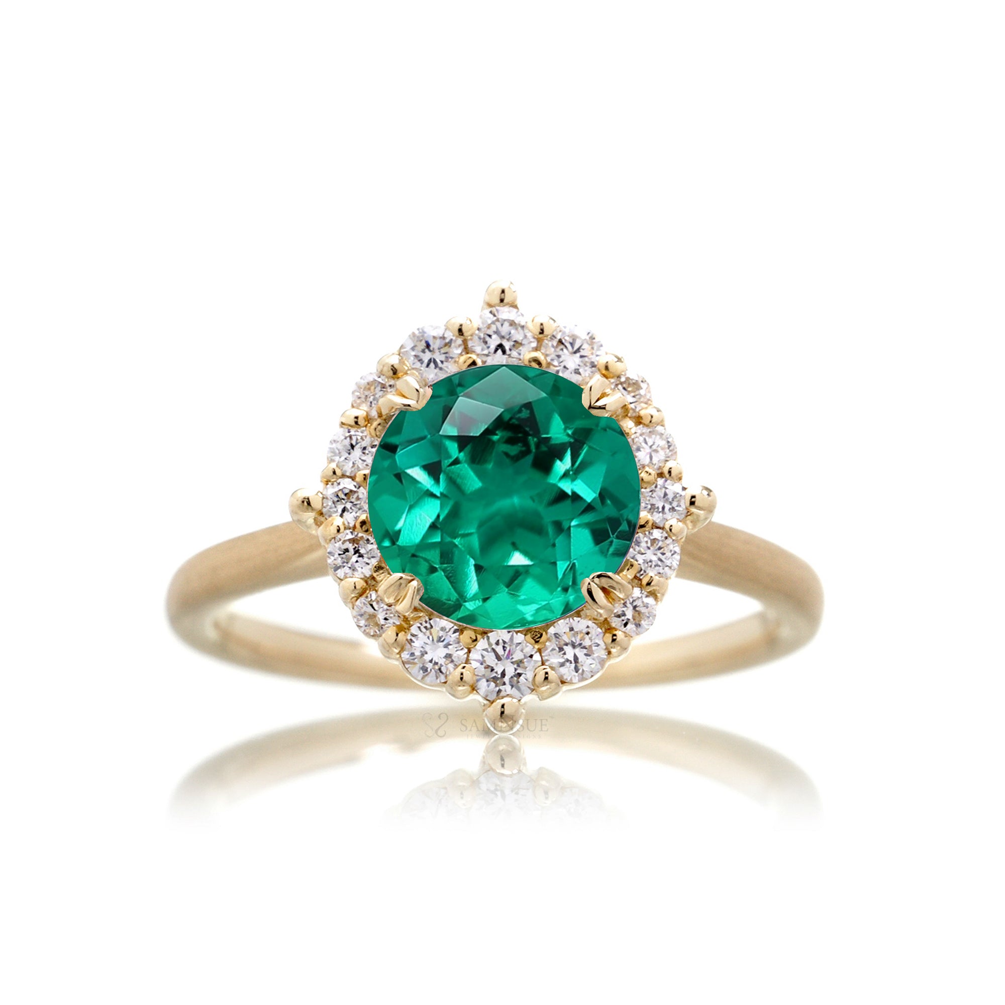 Round cut lab-grown green emerald diamond halo solid yellow gold gemstone ring