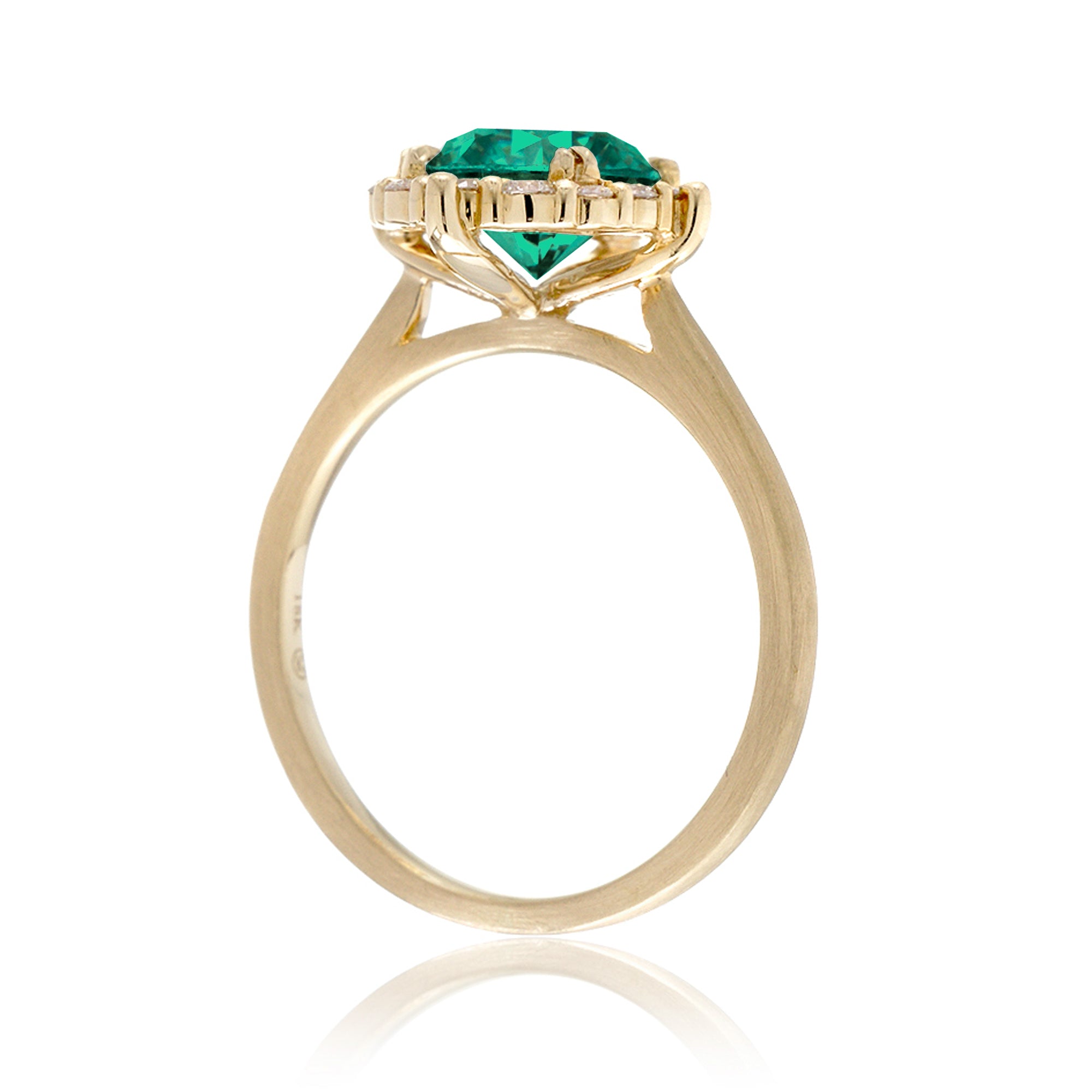 Round cut lab-grown green emerald diamond halo solid yellow gold gemstone ring