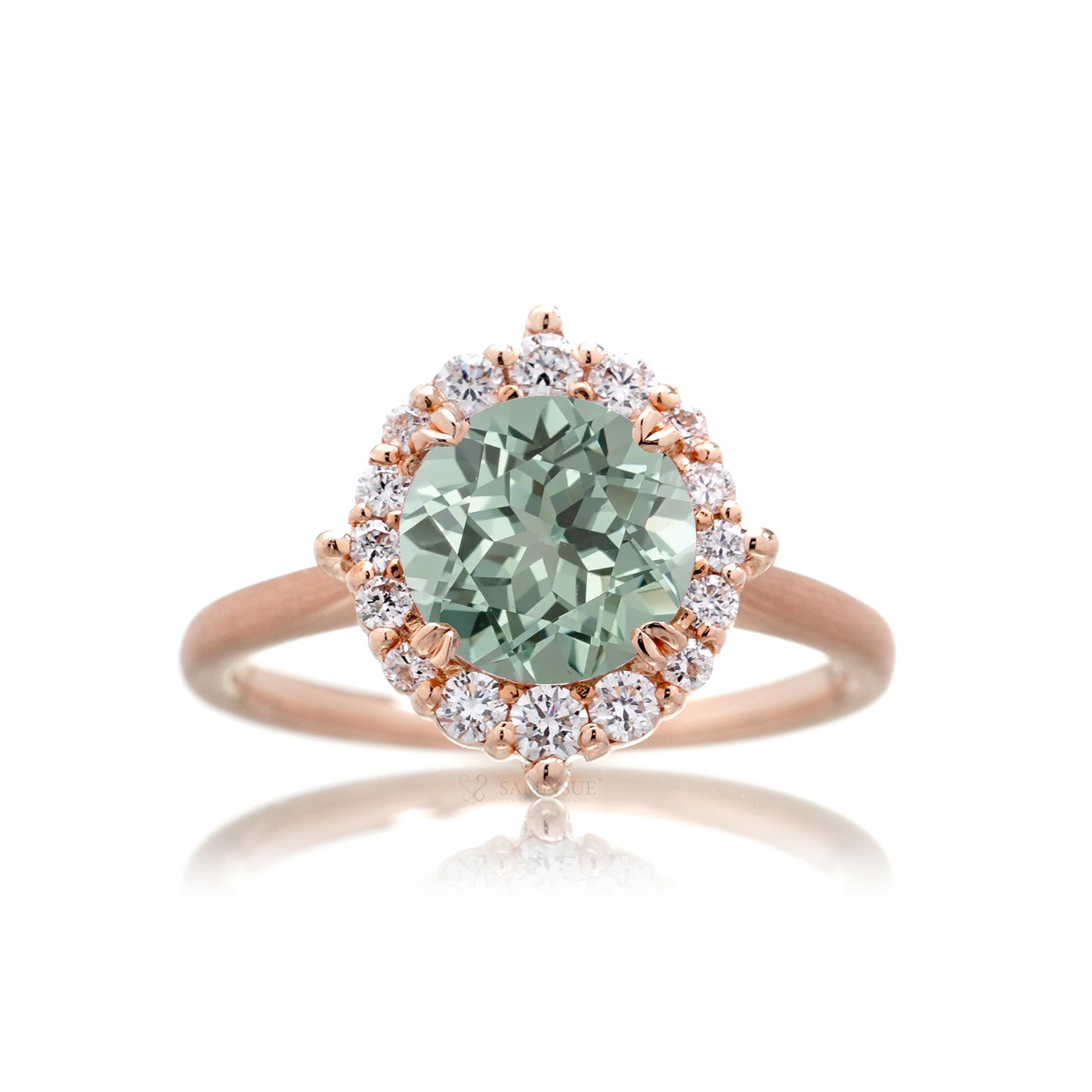 Green sapphire diamond halo solid band brushed rose gold the Haley solitaire ring