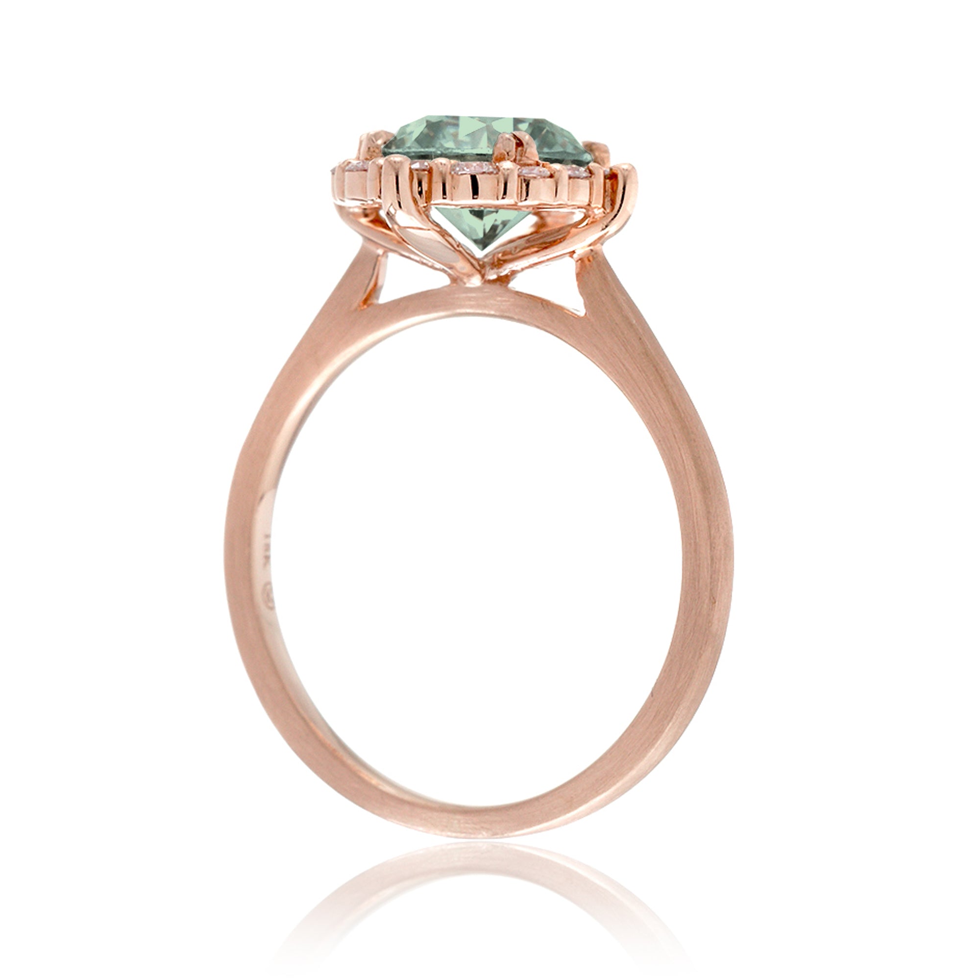 Green sapphire diamond halo solid band brushed rose gold the Haley solitaire ring