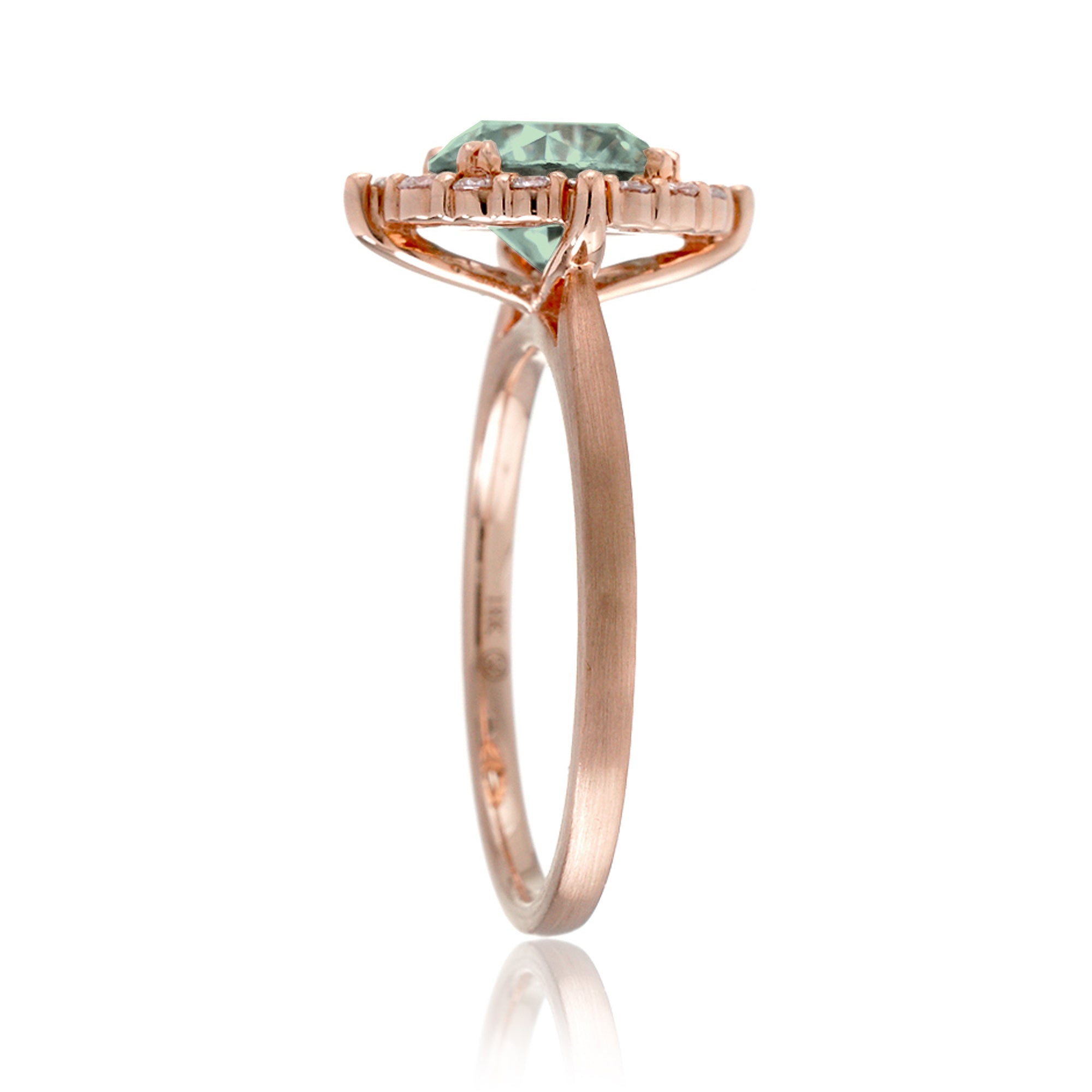Green sapphire diamond halo solid band brushed rose gold the Haley solitaire ring