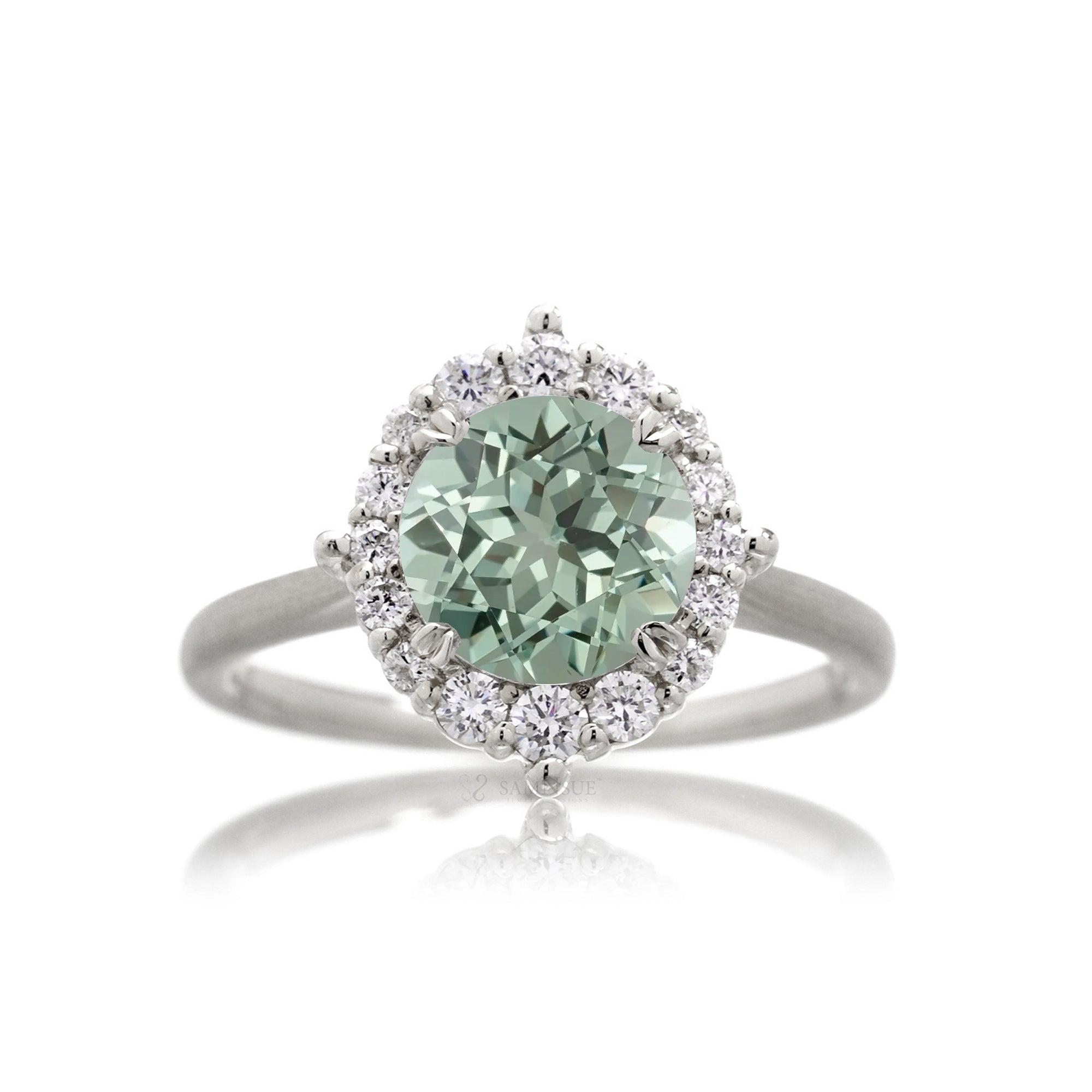 Green sapphire diamond halo solid band brushed white gold the Haley solitaire ring
