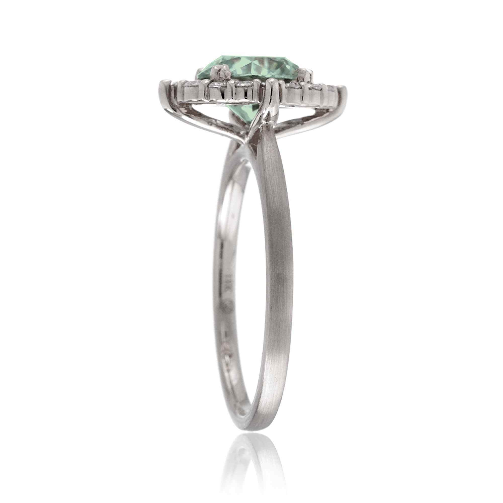 Green sapphire diamond halo solid band brushed white gold the Haley solitaire ring