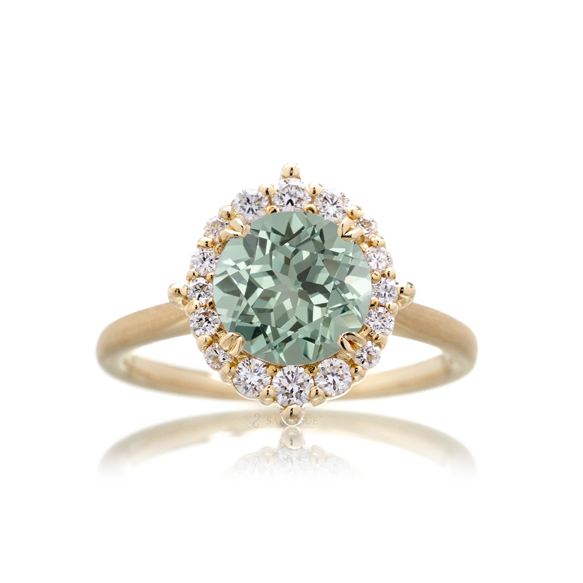 Green sapphire diamond halo solid band brushed yellow gold the Haley solitaire ring