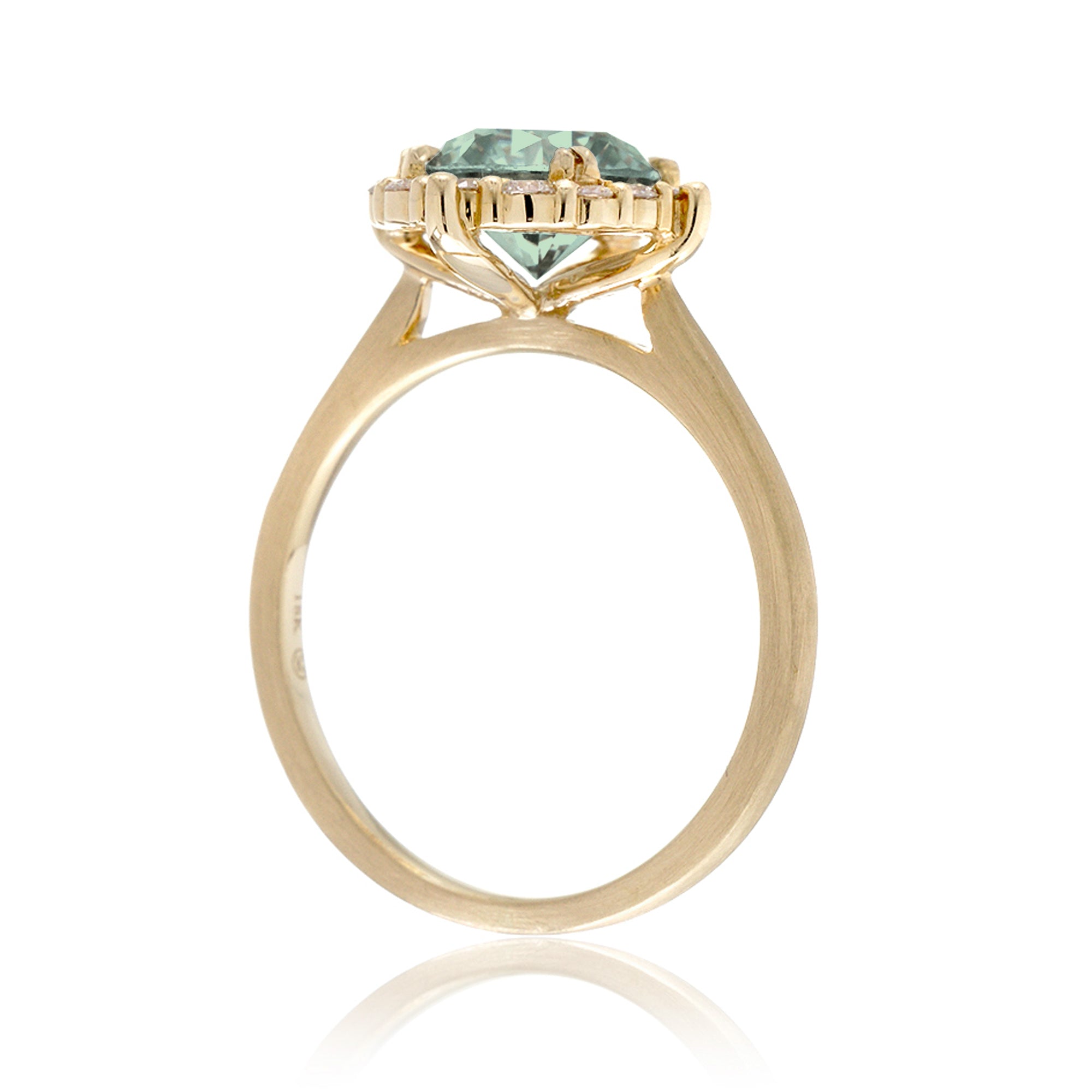 Green sapphire diamond halo solid band brushed yellow gold the Haley solitaire ring