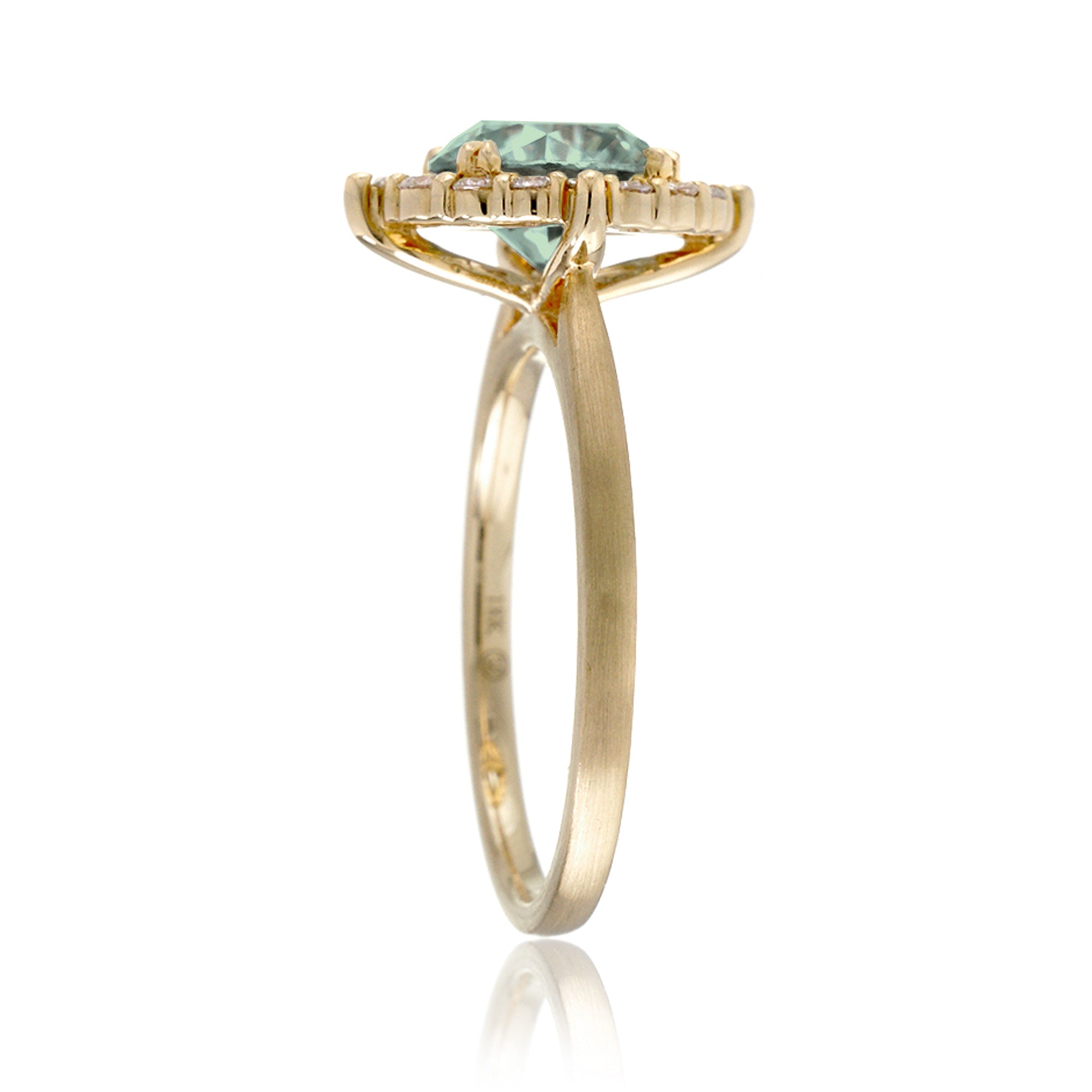 Green sapphire diamond halo solid band brushed yellow gold the Haley solitaire ring