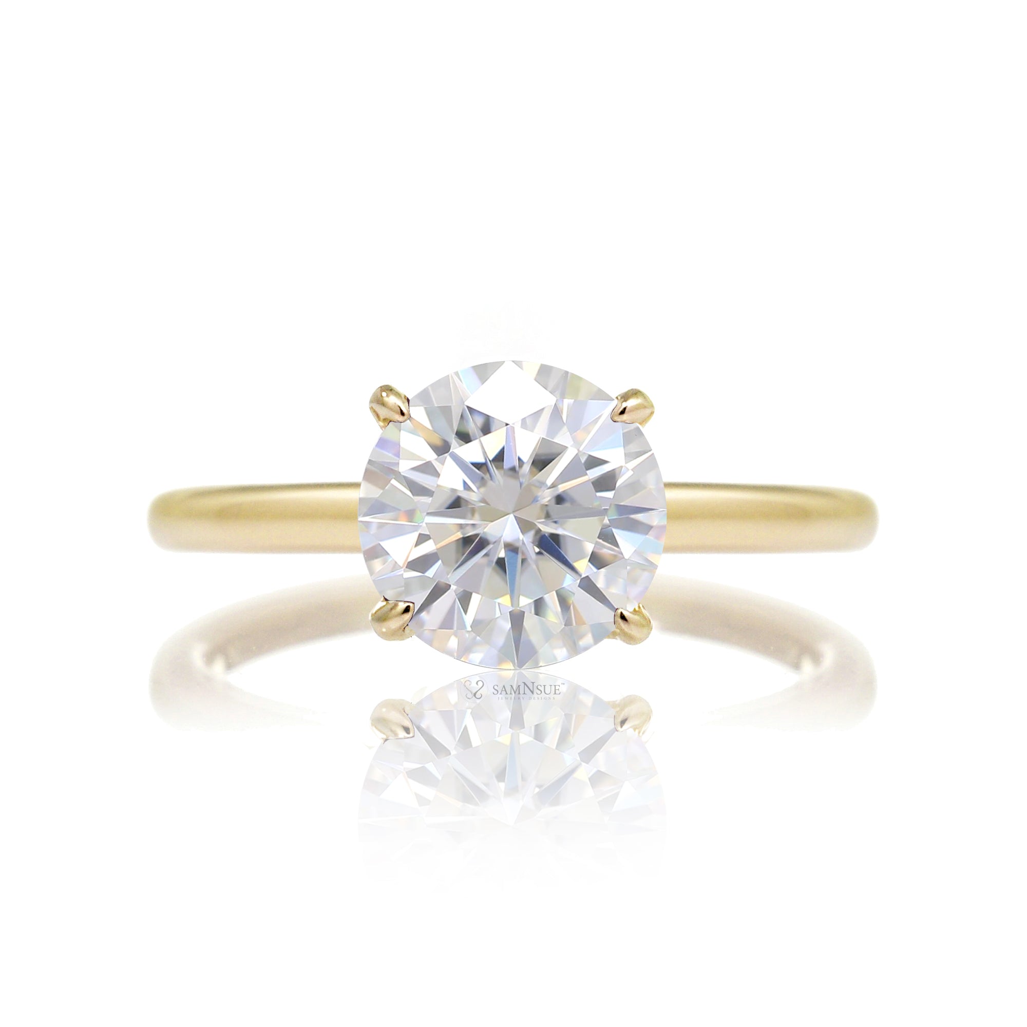 Solitaire round moissanite ring diamond hidden halo solid band in yellow gold