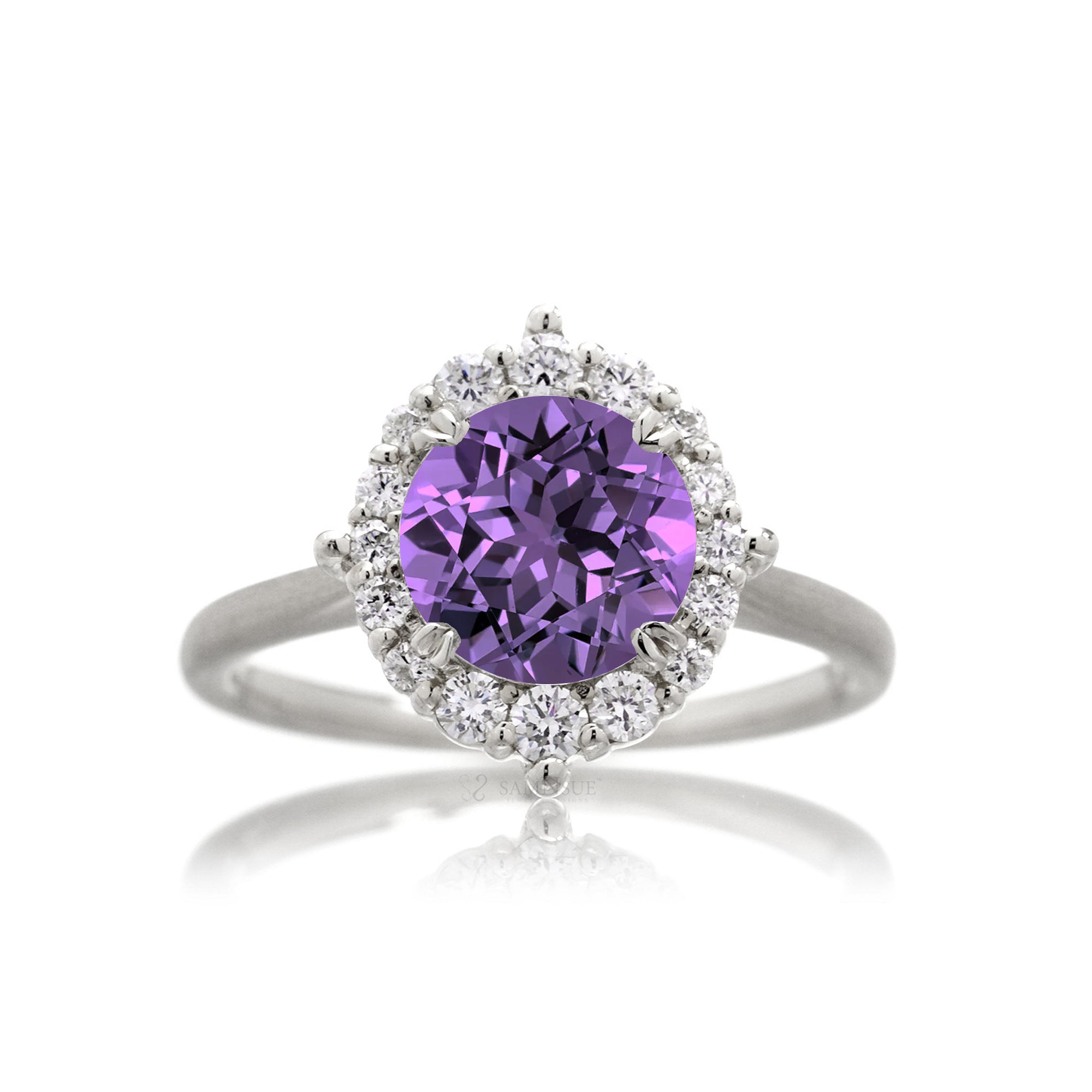 Round cut purple sapphire lab-grown diamond halo engagement ring the haley white gold