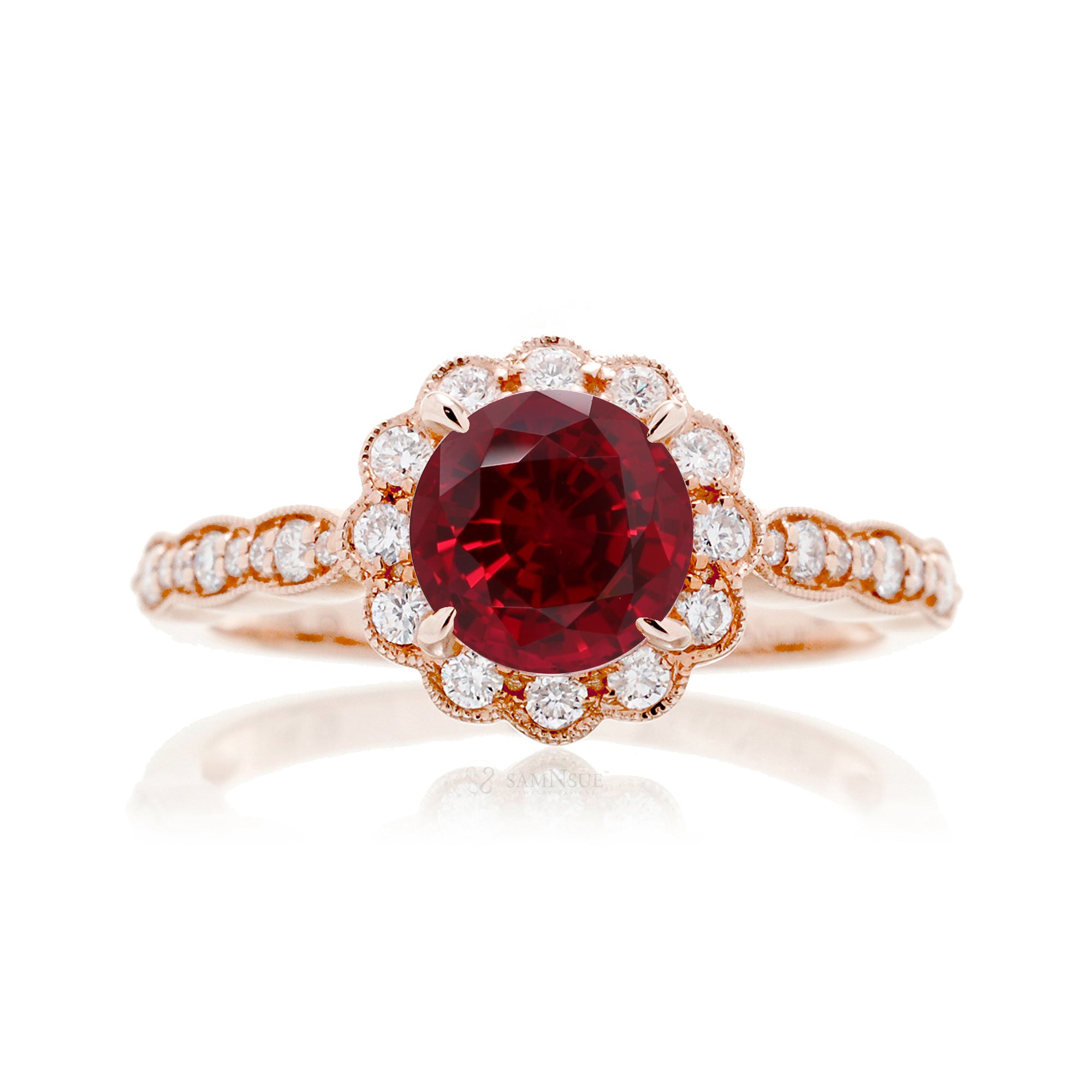 Round ruby scallop halo diamond engagement ring in rose gold