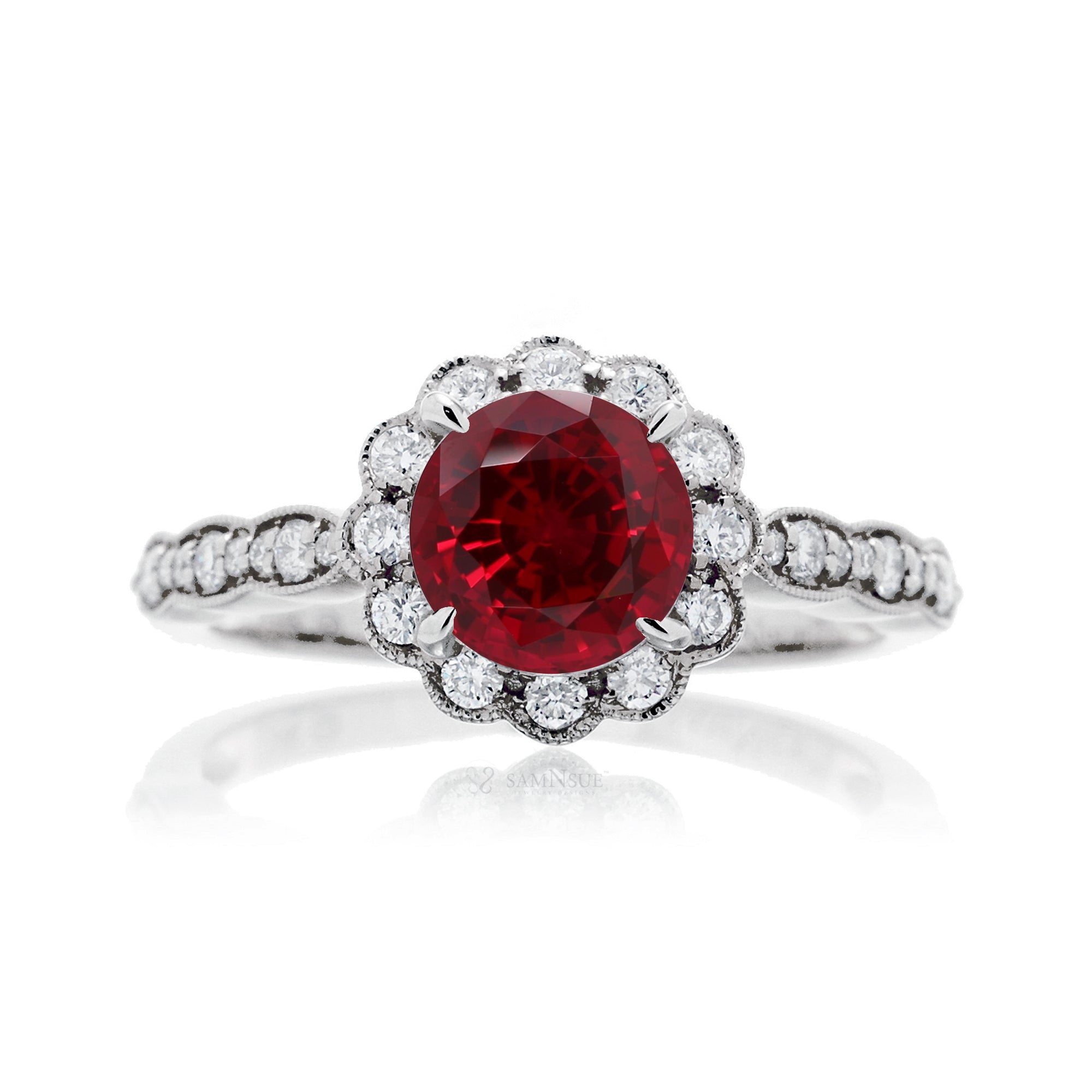 Round ruby scallop halo diamond engagement ring in white gold