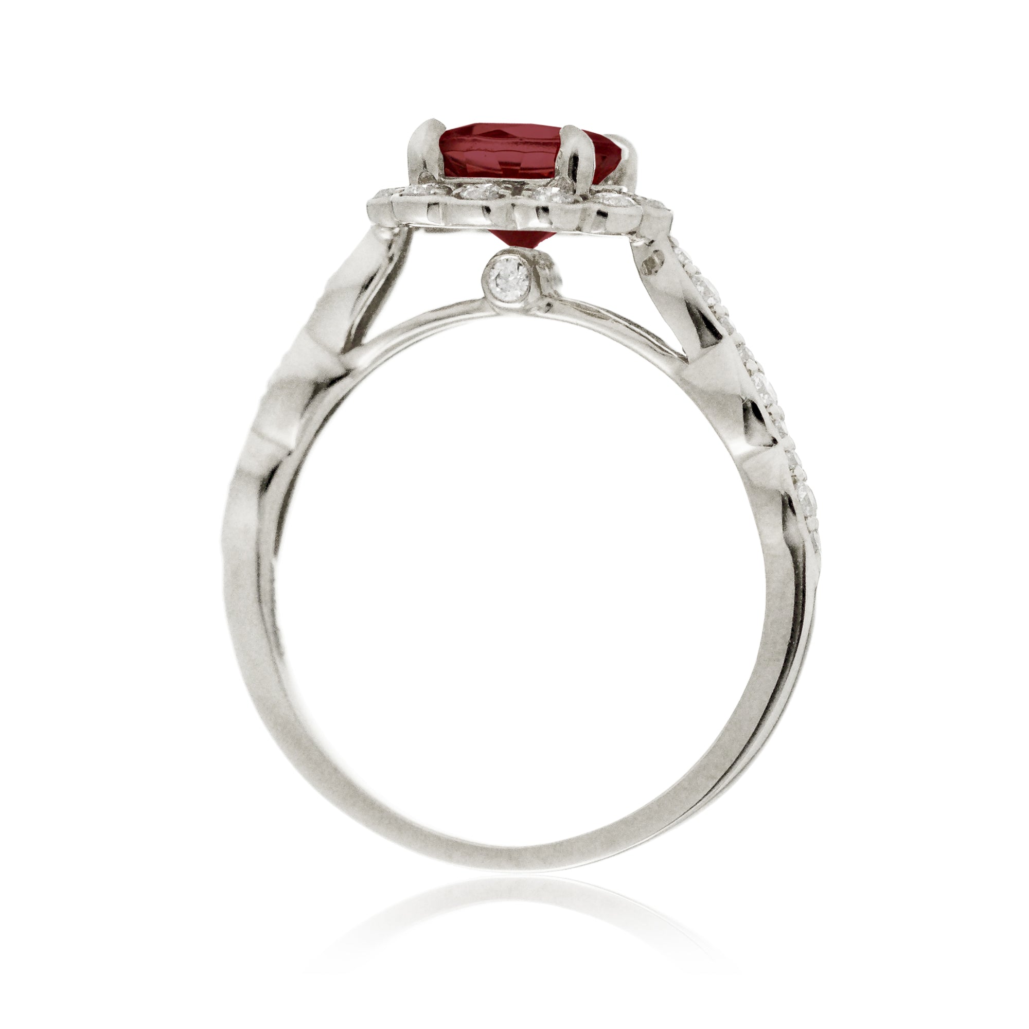 Round ruby scallop halo diamond engagement ring in white gold