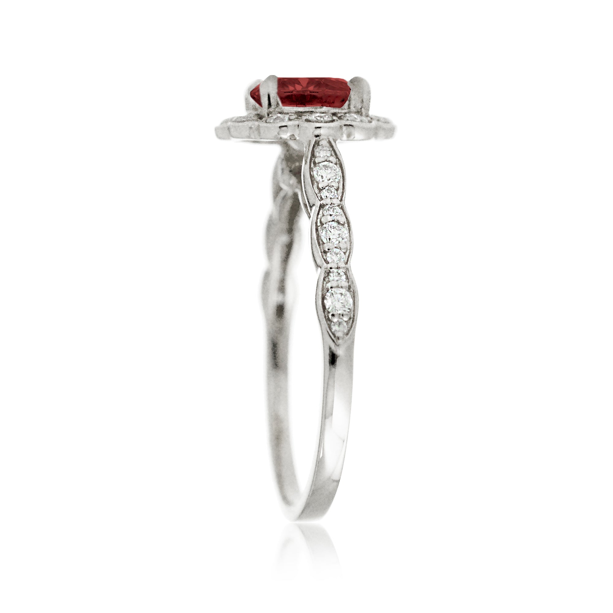 Round ruby scallop halo diamond engagement ring in white gold